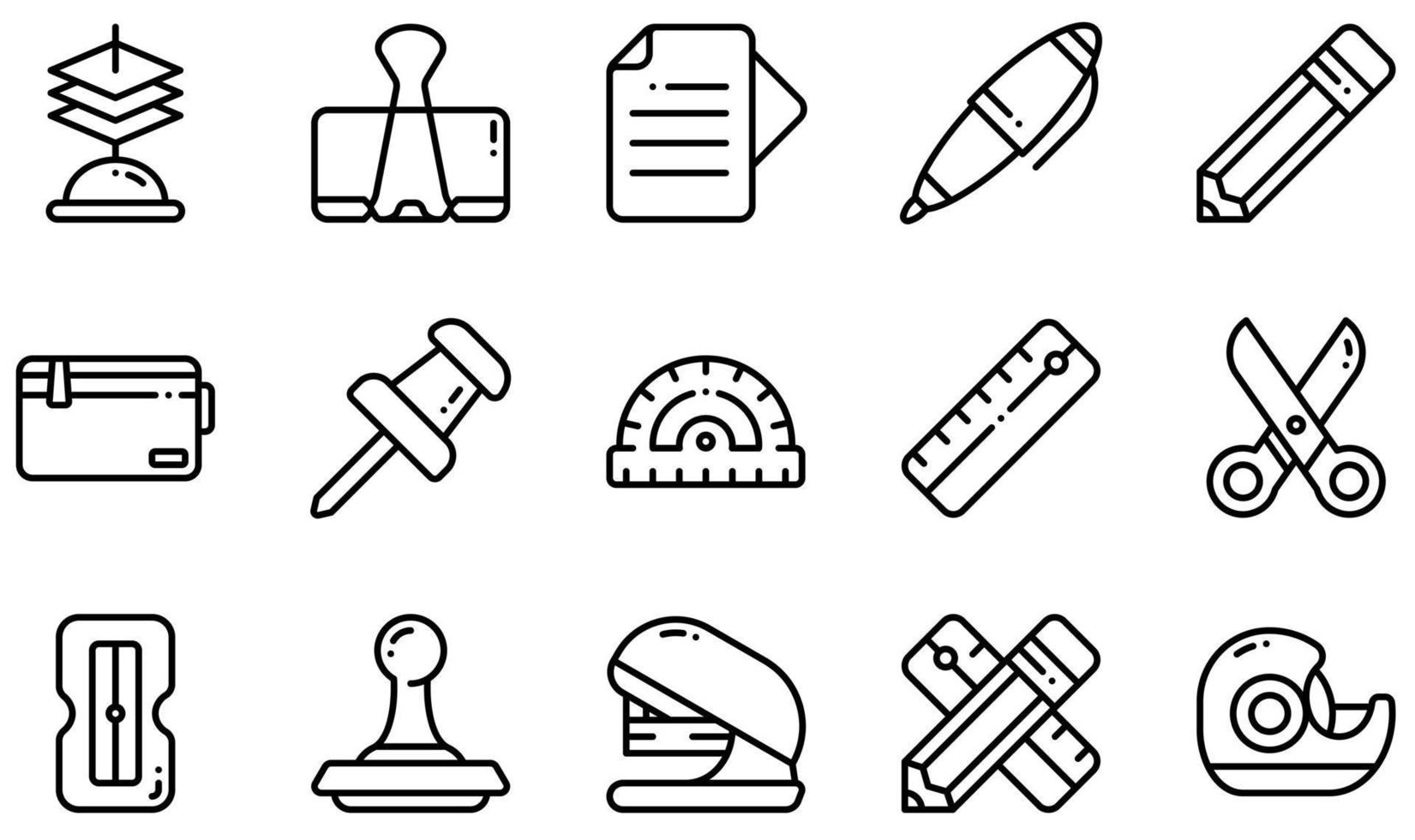 uppsättning vektor ikoner relaterade till brevpapper. innehåller sådana ikoner som pappershållare, gem, penna, penna, pennfodral, linjal och mer.