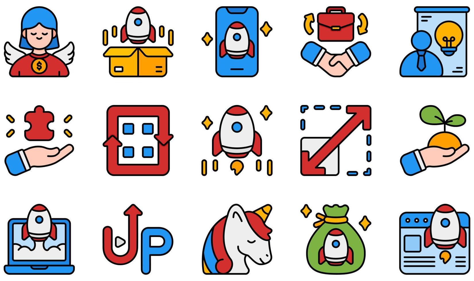Reihe von Vektorsymbolen im Zusammenhang mit Startups. enthält Symbole wie Investor, Start, Partnerschaft, Pitching, Rakete, Startup und mehr. vektor
