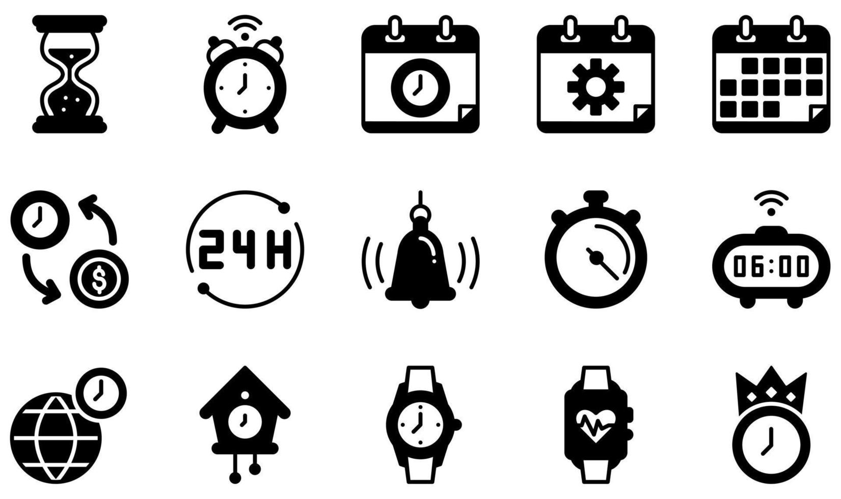 uppsättning vektor ikoner relaterade till tid. innehåller sådana ikoner som timglas, väckarklocka, tidshantering, kalender, tid är pengar, stoppur och mer.
