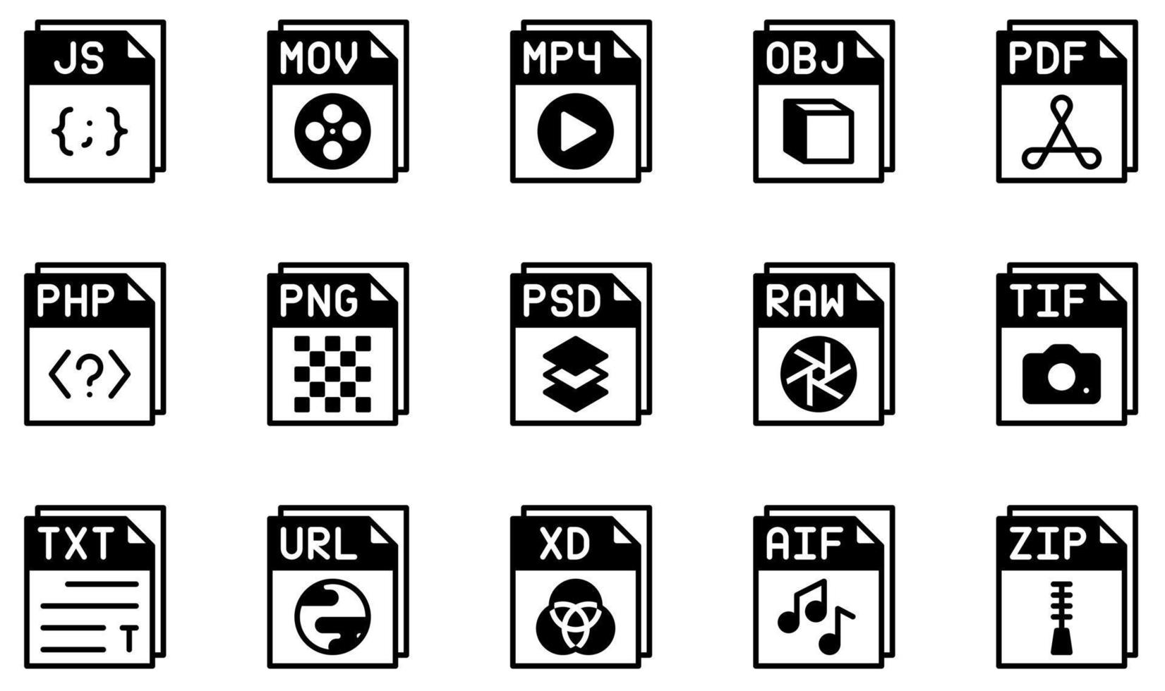 uppsättning vektor ikoner relaterade till filer. innehåller sådana ikoner som js-fil, mpphp-fil, pdf-fil, php-fil, png-fil, psd-fil och mer.