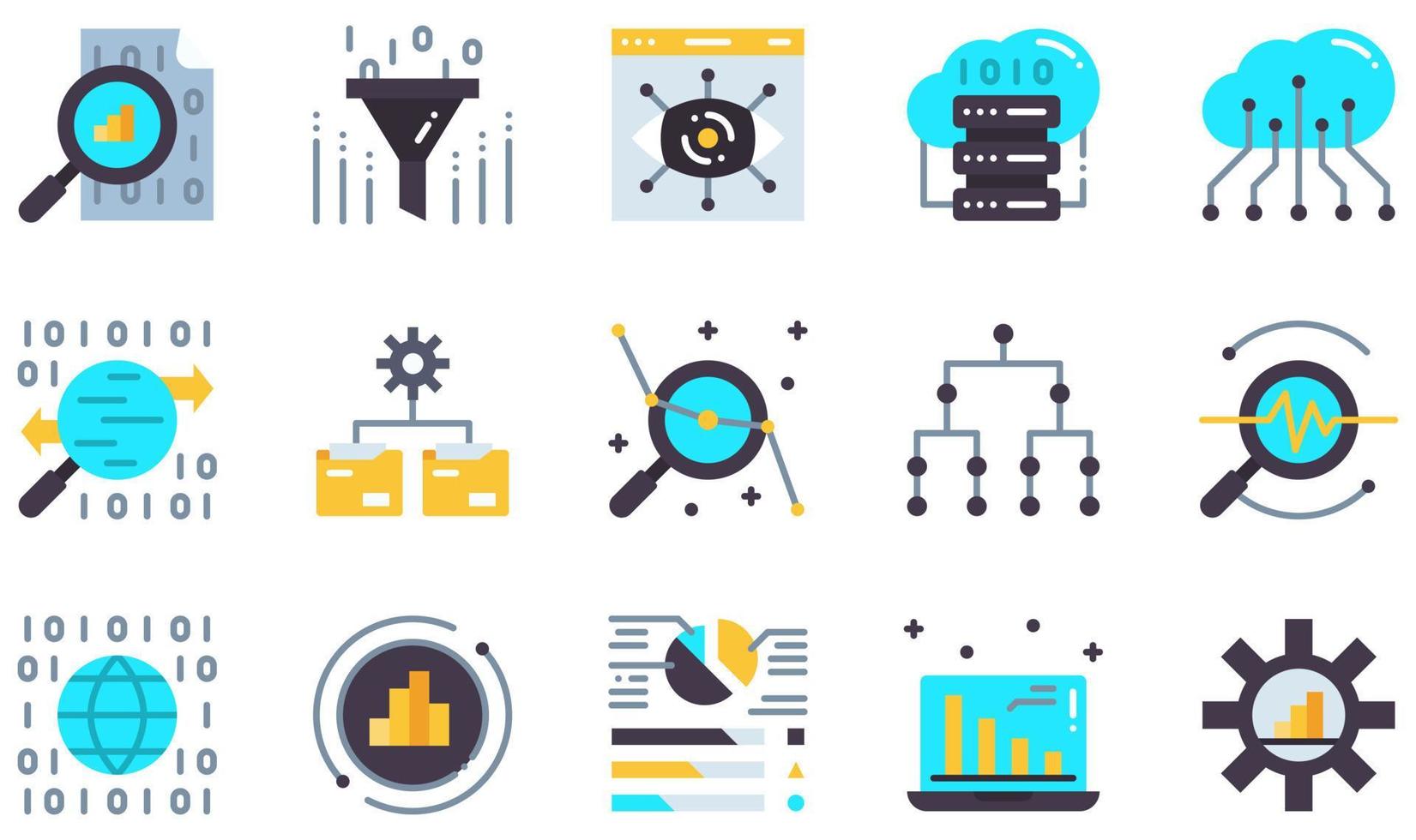 Satz von Vektorsymbolen im Zusammenhang mit der Datenanalyse. enthält Symbole wie Datenvisualisierung, Big Data, Cloud-Daten, Verkehrsanalyse, globale Daten, Statistiken und mehr. vektor