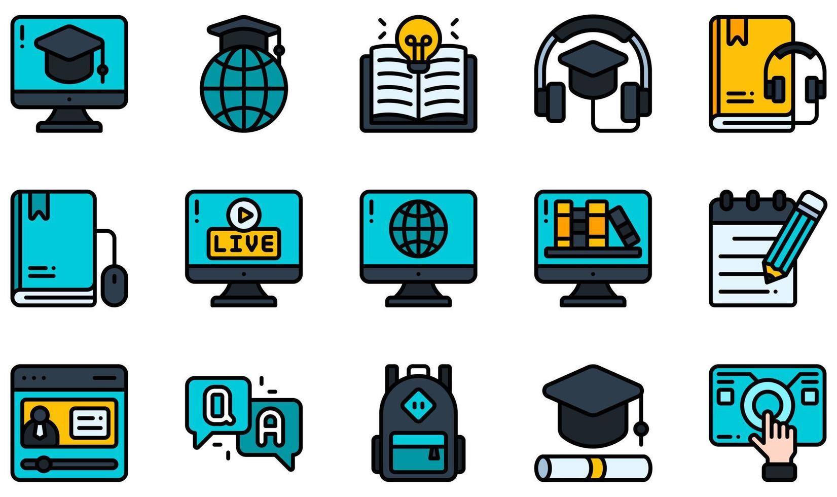 Reihe von Vektorsymbolen im Zusammenhang mit Online-Lernen. enthält Symbole wie Hörbuch, Audiokurs, Rucksack, Zertifizierung, digitale Bibliothek, E-Book und mehr. vektor