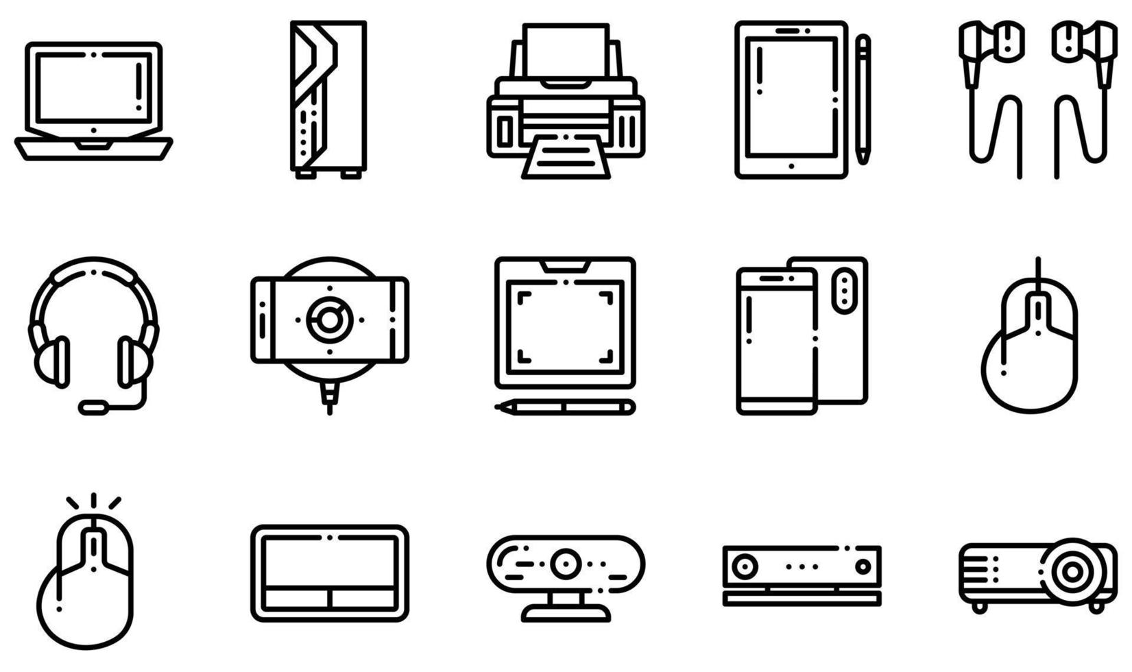Reihe von Vektorsymbolen für elektronische Geräte. Enthält Symbole wie Reiniger, Kaffeemaschine, Kopfhörer, Wasserkocher, Mikrofon, Mikrowelle und mehr. vektor