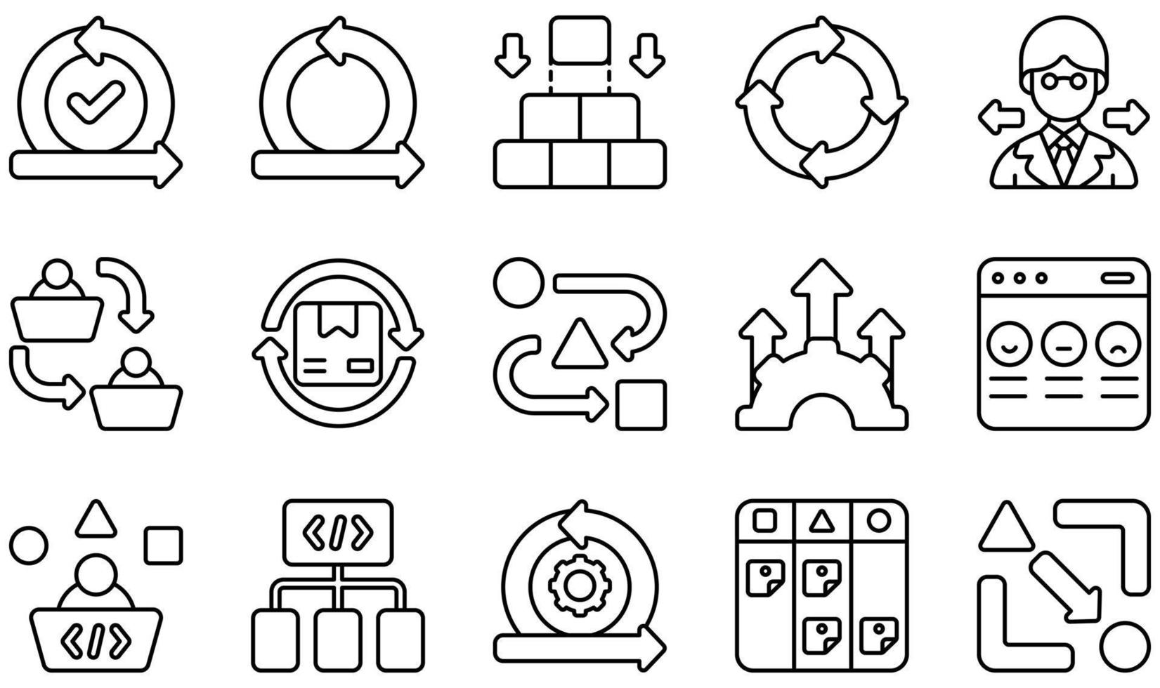 Reihe von Vektorsymbolen im Zusammenhang mit Agile. enthält Symbole wie Akzeptanz, Agilität, Kontinuität, Entscheidungsfindung, Lieferung, Entwicklung und mehr. vektor
