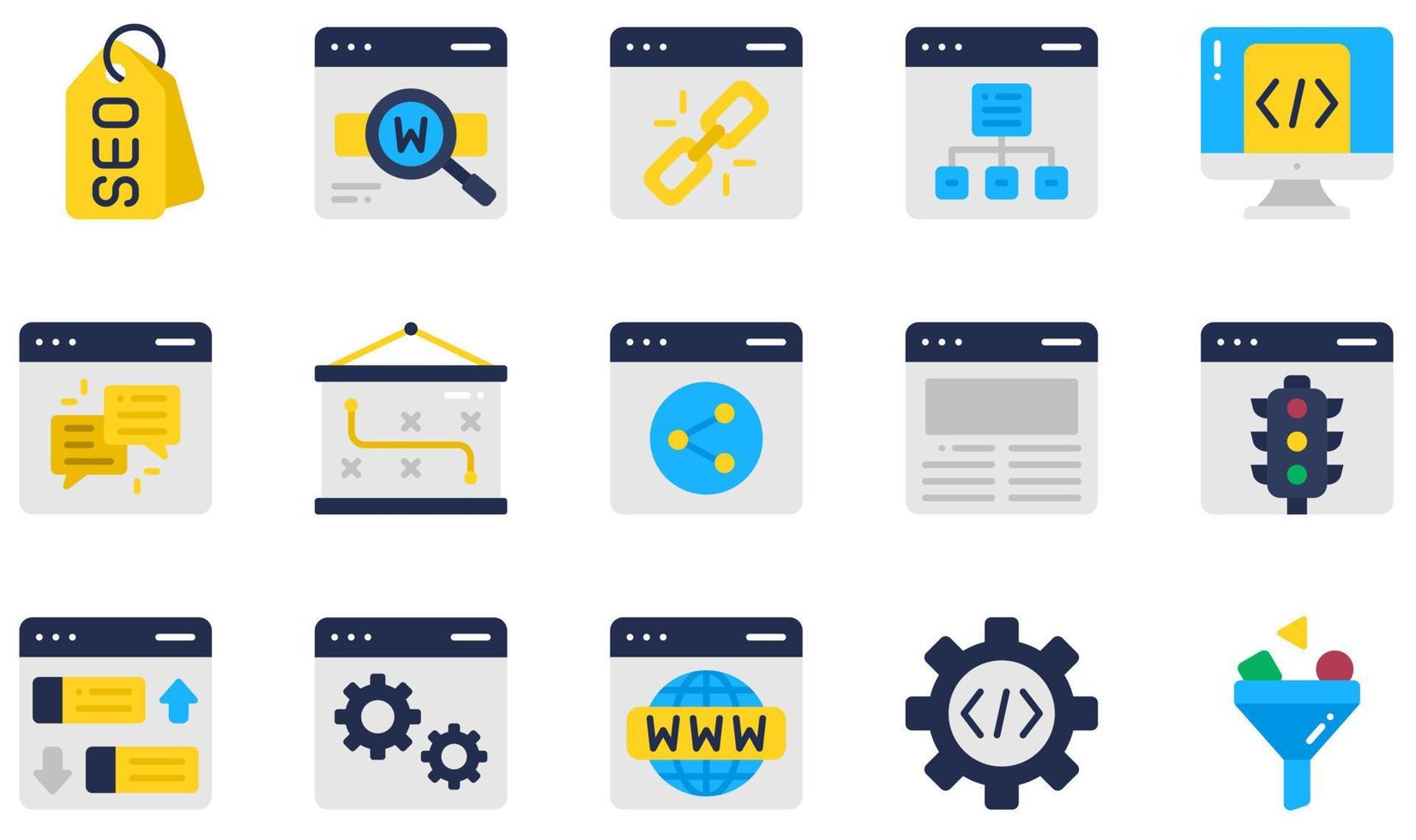 uppsättning vektor ikoner relaterade till seo och marknadsföring. innehåller sådana ikoner som seo-tagg, nyckelord, webbplatskarta, feedback, trafik, rankning och mer.