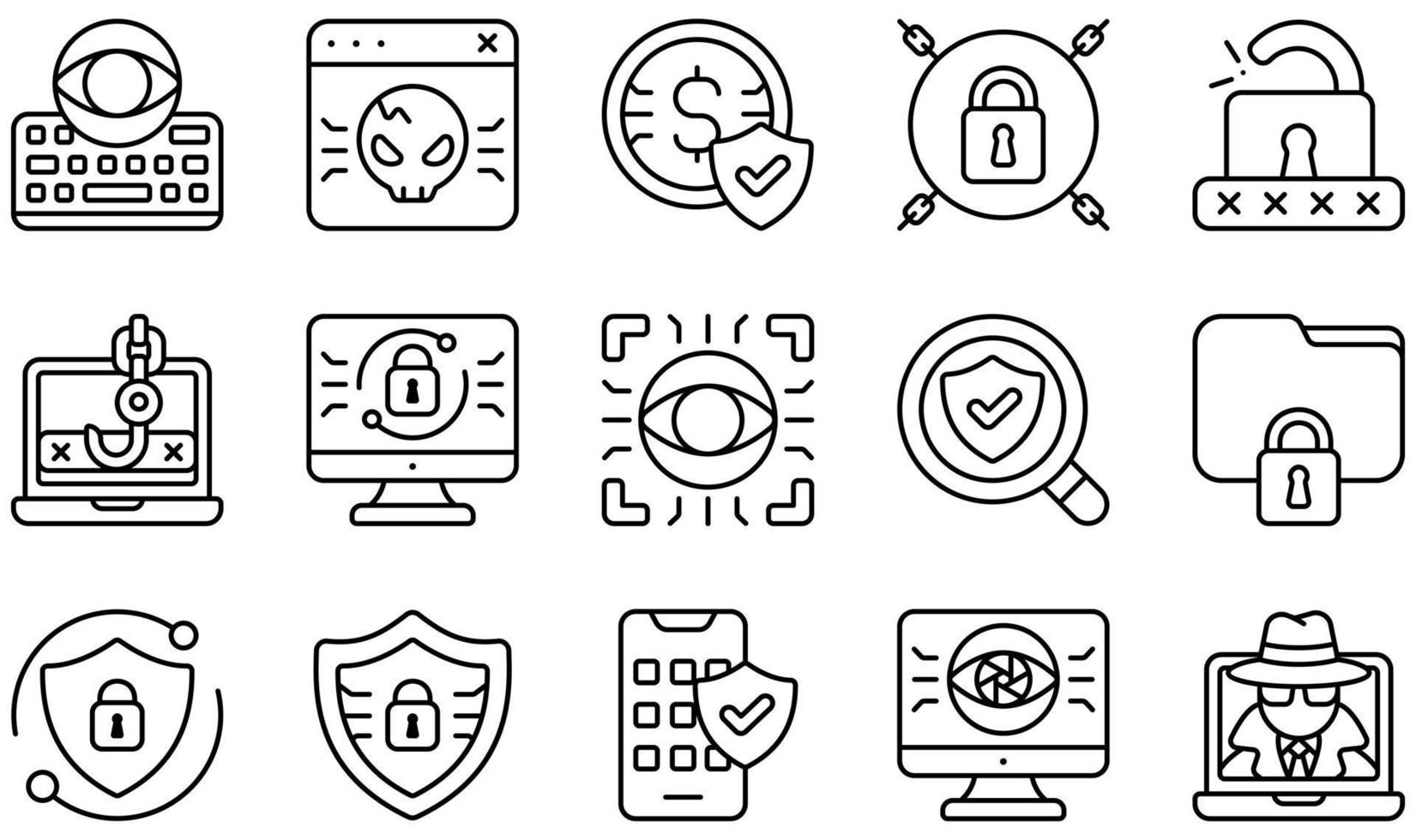 uppsättning vektorikoner relaterade till cybersäkerhet. innehåller sådana ikoner som keylogger, skadlig programvara, pengar, hänglås, ransomware, nätfiske och mer. vektor