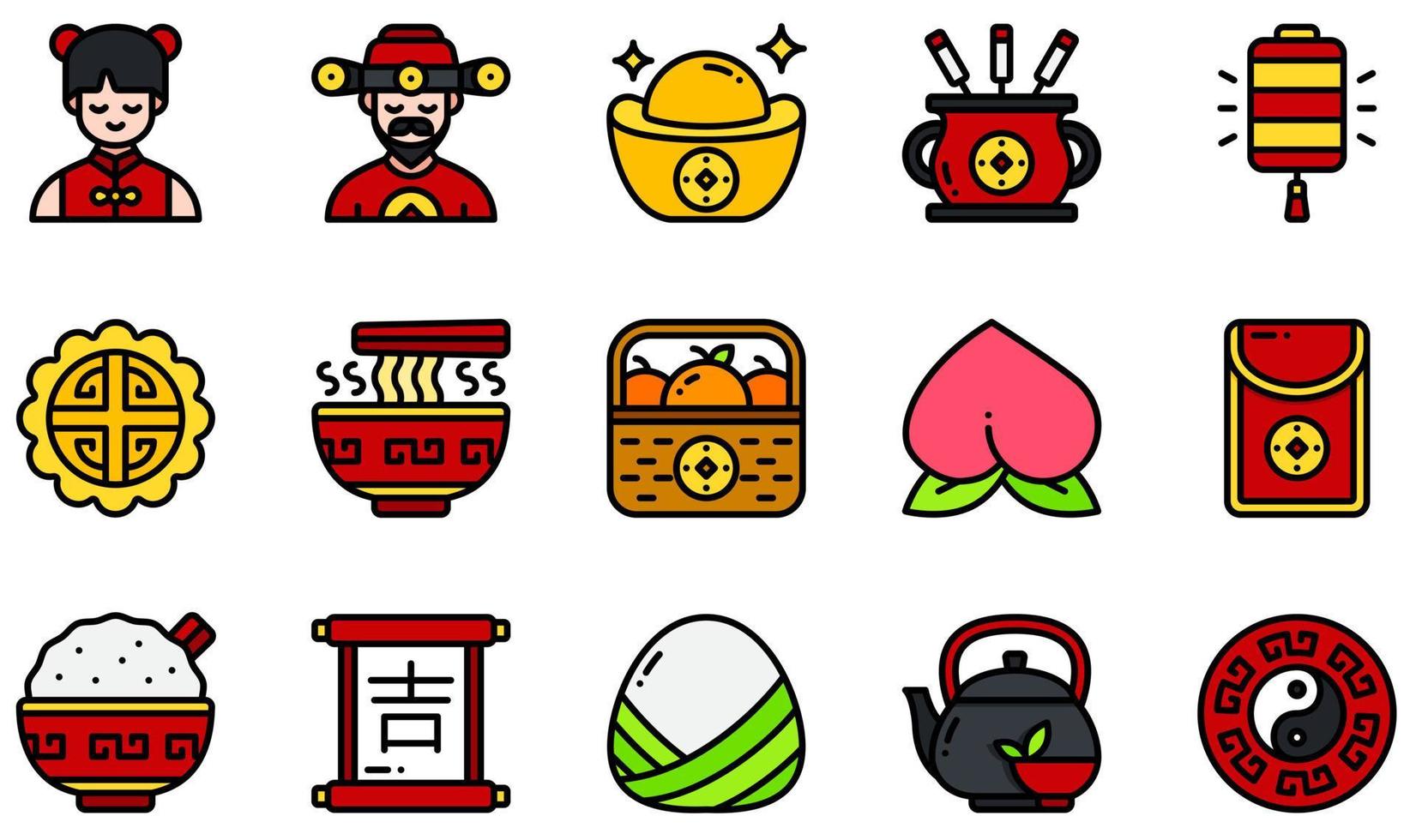 uppsättning vektor ikoner relaterade till kinesiska nyåret. innehåller sådana ikoner som rikedomens gud, guld, rökelsepinne, månkaka, persika, rött kuvert och mer.