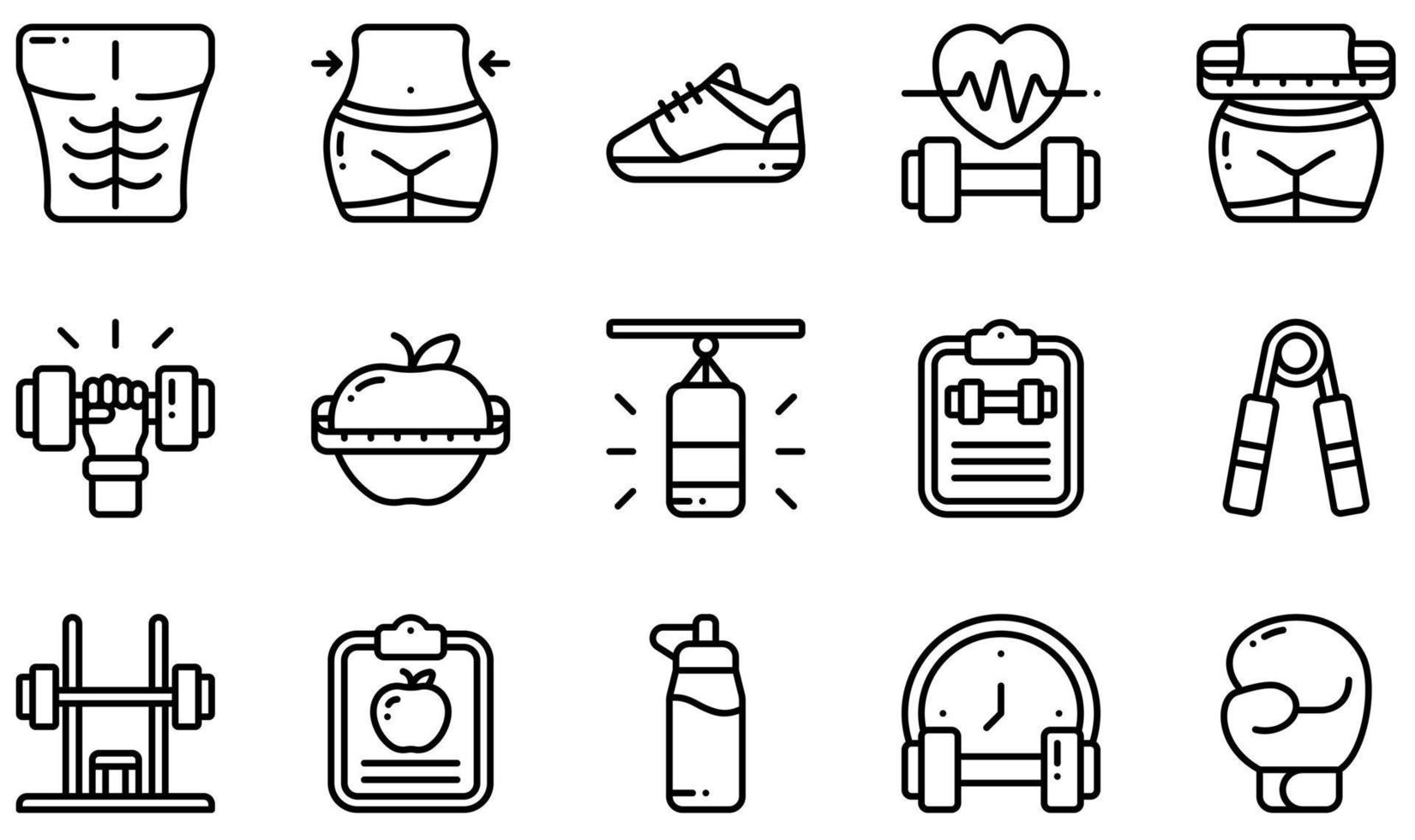 Reihe von Vektorsymbolen im Zusammenhang mit Fitness. enthält Symbole wie Sixpack, Taille, Taille, Hantel, Boxsack, Boxsack und mehr. vektor