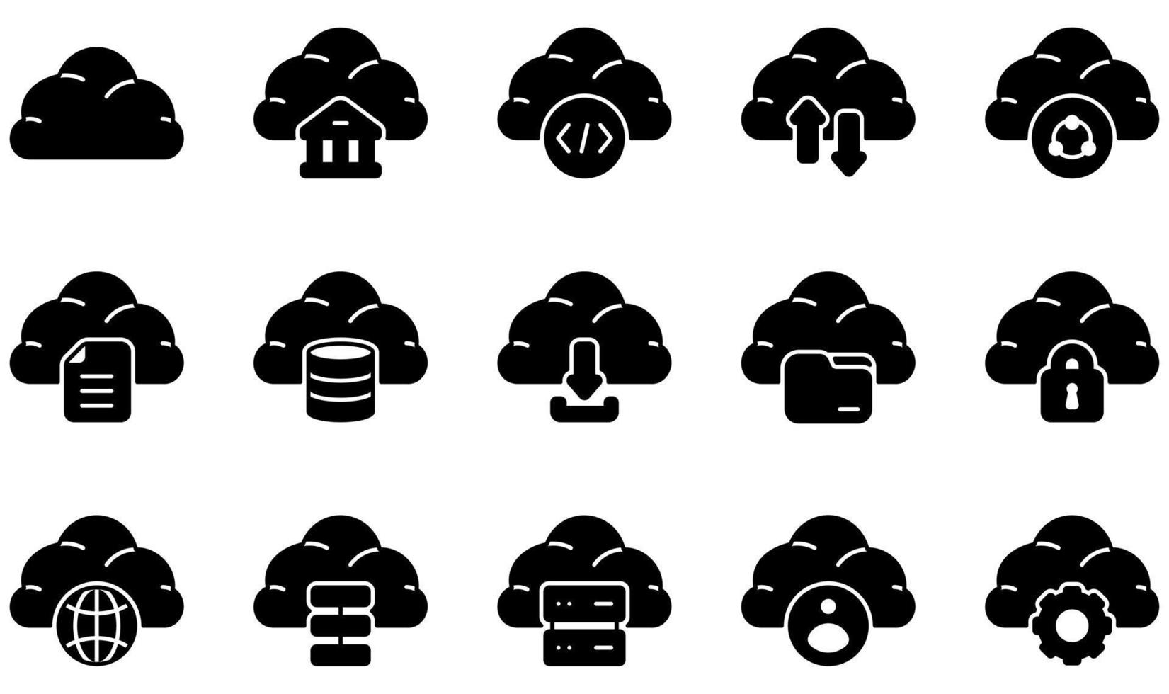 uppsättning vektorikoner relaterade till molnteknik. innehåller sådana ikoner som moln, banktjänster, kodning, cloud computing, data, databas och mer. vektor
