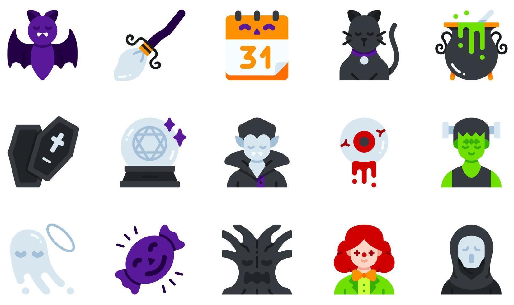 Reihe von Vektorsymbolen im Zusammenhang mit Halloween. enthält Symbole wie Fledermaus, Besenstiel, Katze, Sarg, Kristallkugel, Geist und mehr. vektor