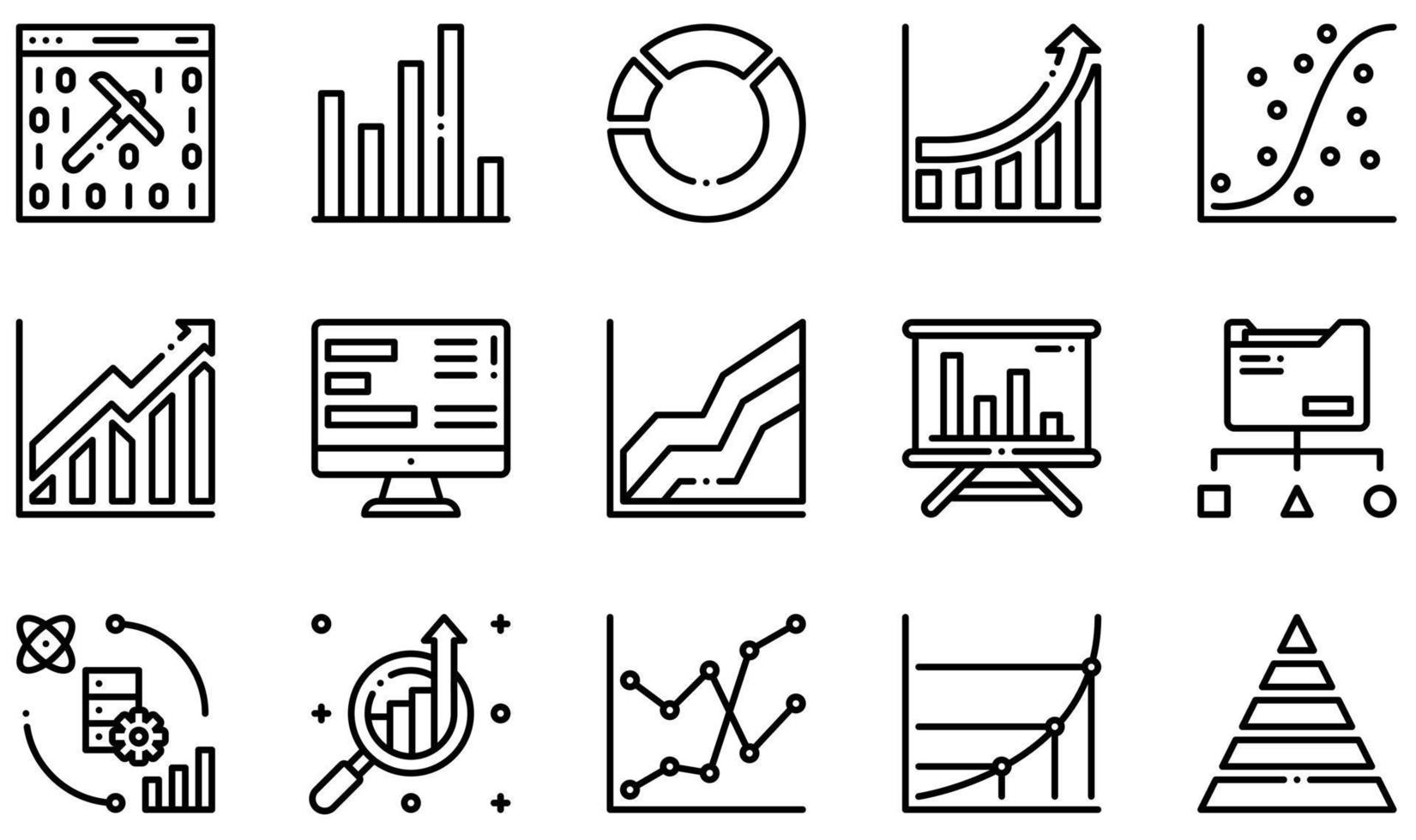 Satz von Vektorsymbolen im Zusammenhang mit der Datenanalyse. enthält Symbole wie Bergbau, Balkendiagramm, Kreisdiagramm, Wachstumsdiagramm, Streudiagramm, Datenbericht und mehr. vektor