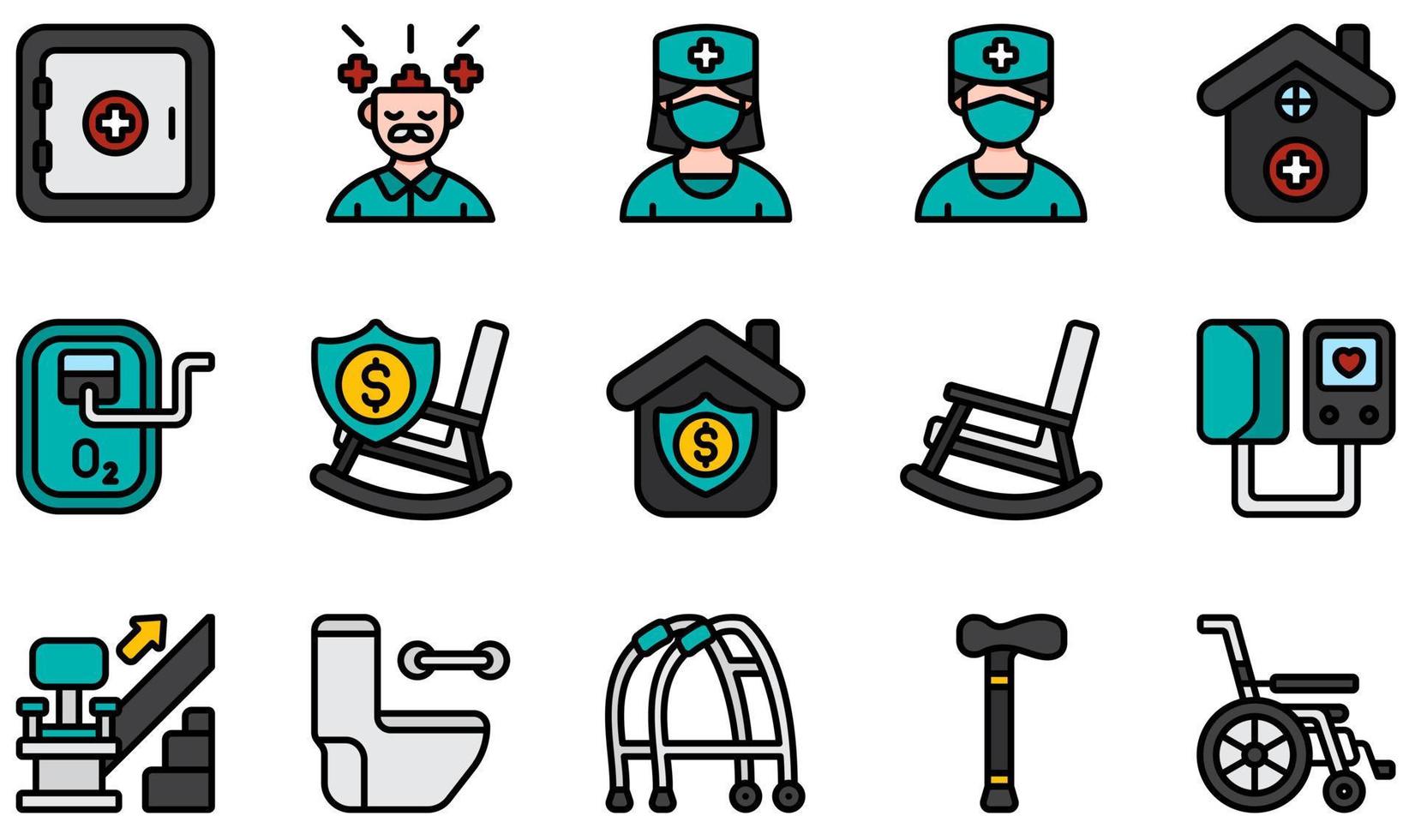 uppsättning vektor ikoner relaterade till vårdhem. innehåller sådana ikoner som mental hälsa, sjuksköterska, äldreboende, pension, gungstol, trappa med mera.