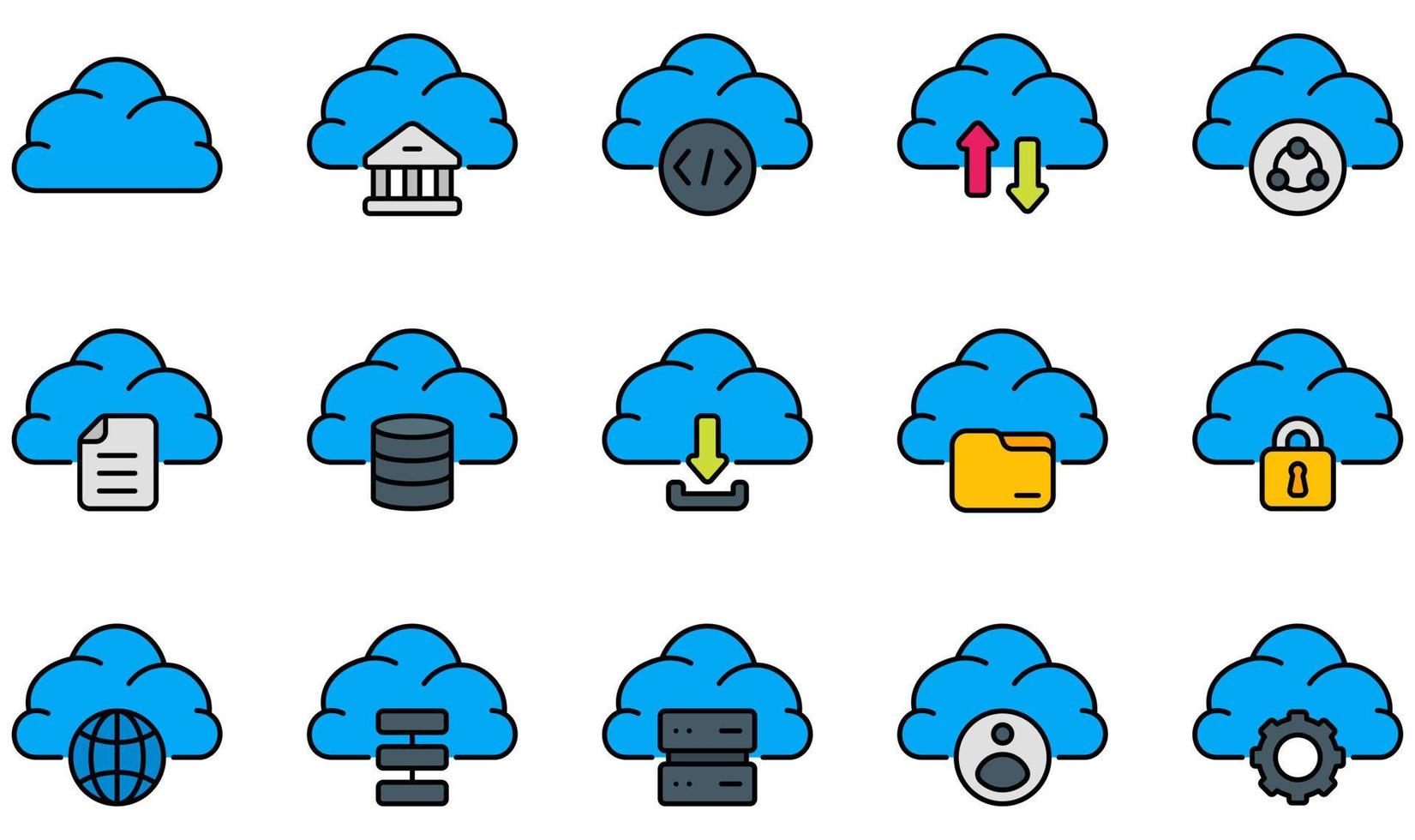 Reihe von Vektorsymbolen im Zusammenhang mit Cloud-Technologie. Enthält Symbole wie Cloud, Banking, Codierung, Cloud Computing, Daten, Datenbank und mehr. vektor