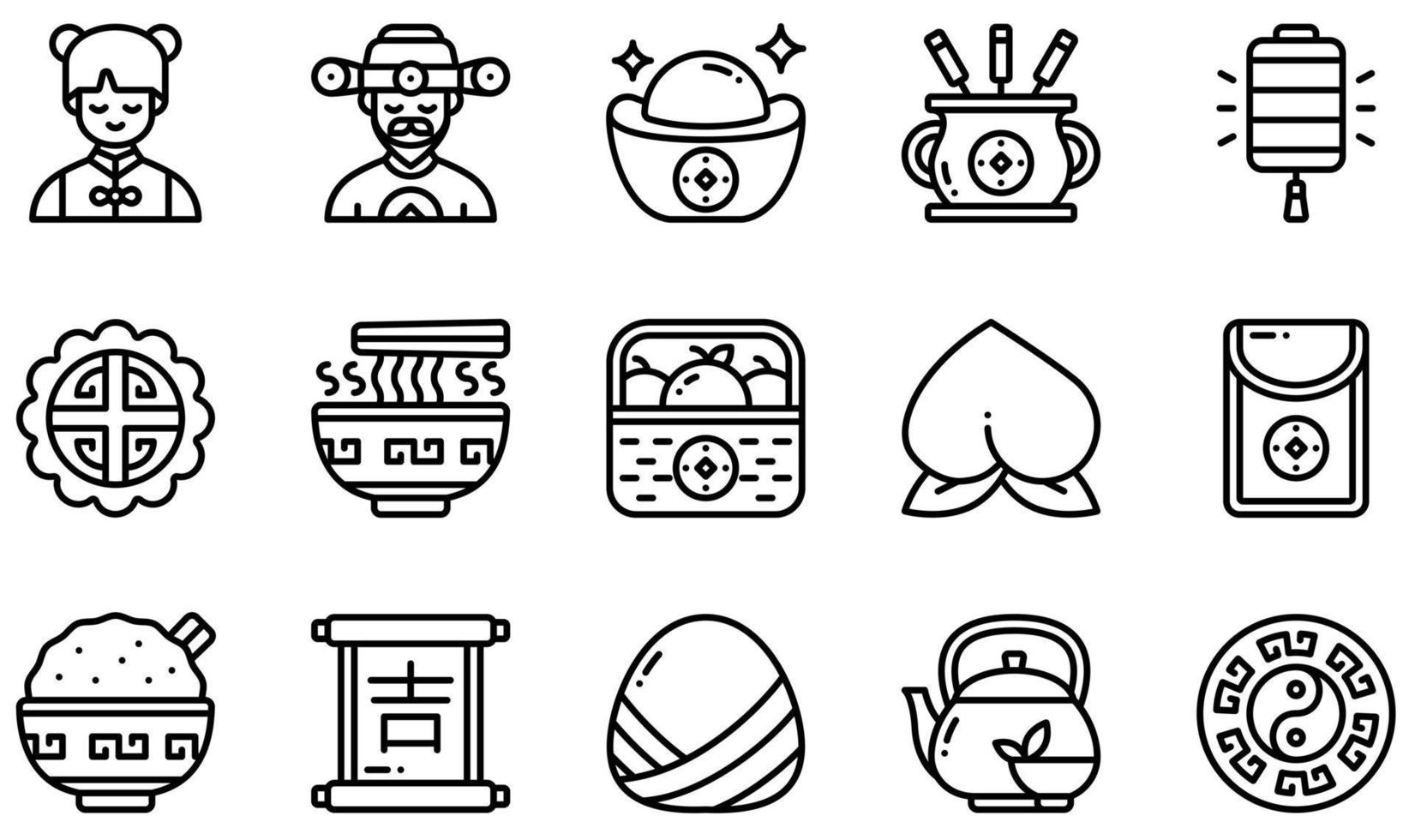 Reihe von Vektorsymbolen im Zusammenhang mit dem chinesischen Neujahr. enthält Ikonen wie den Gott des Reichtums, Gold, Räucherstäbchen, Mondkuchen, Pfirsich, roten Umschlag und mehr. vektor