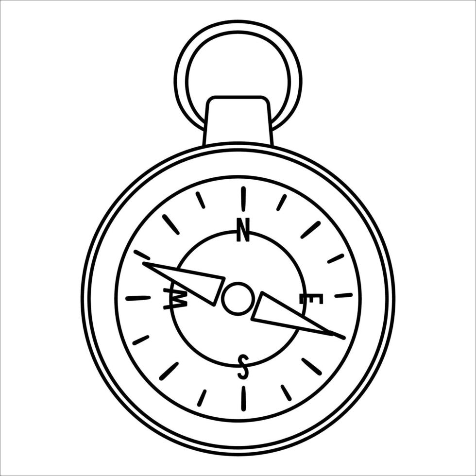 Vektor Schwarz-Weiß-Kompass-Symbol isoliert auf weißem Hintergrund. Camping- oder Wanderausrüstung skizziert Illustration für Kinder. Strichzeichnungs-Orientierungsgerät für Waldtourismus oder Reisen.