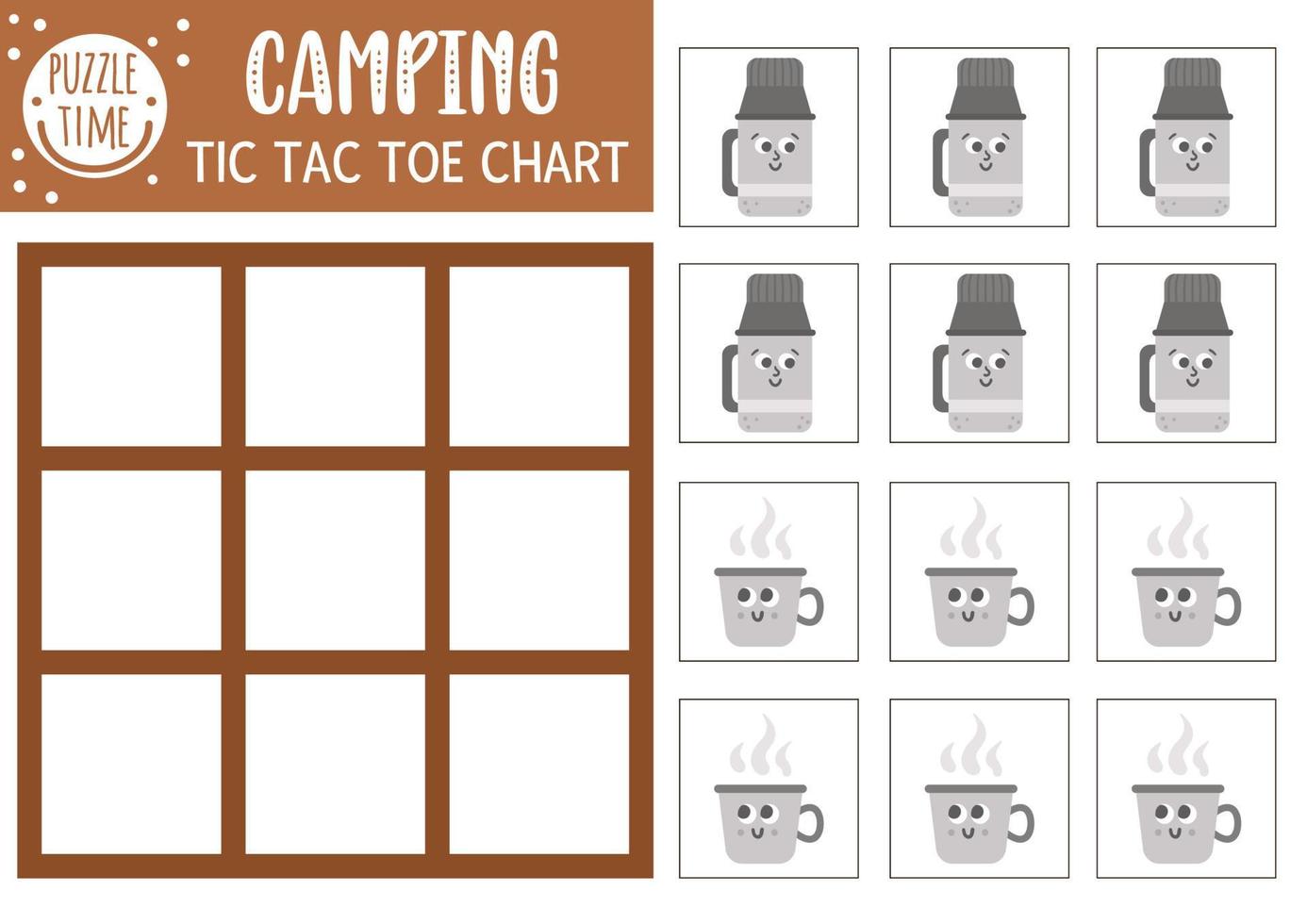 vektor sommarläger tic tac toe diagram med söt campingutrustning. skogsmark brädspel spelplan med kawaii termos, kopp. roligt utskrivbart kalkylblad. camping nät och kors rutnät