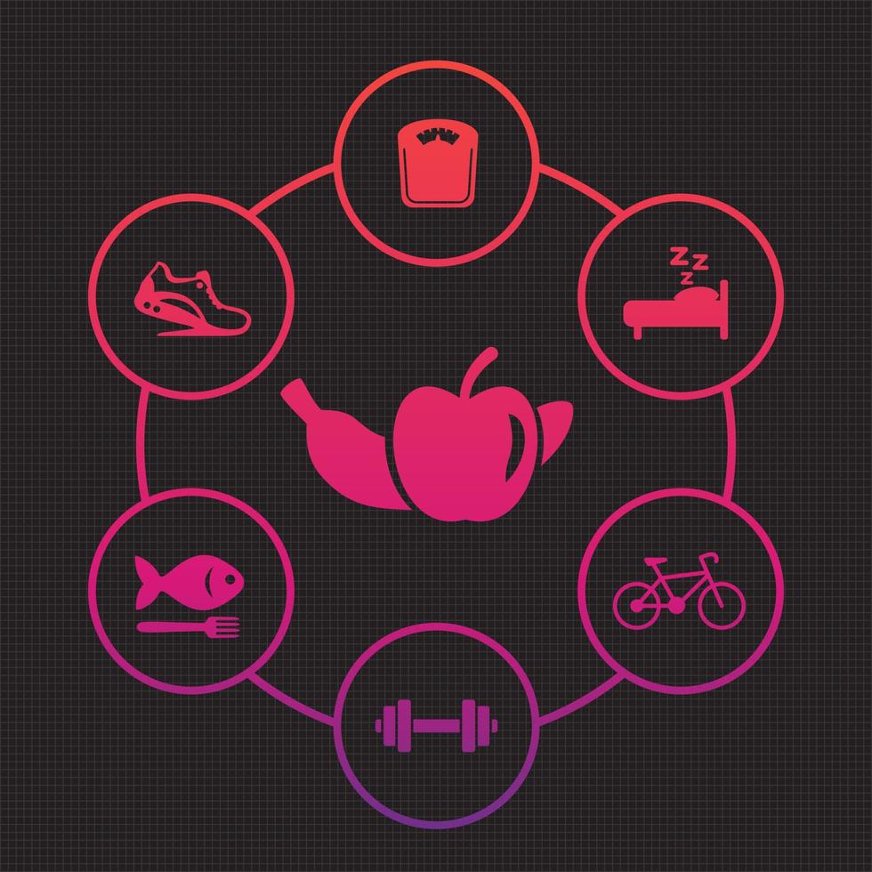 gesunde lebensstilikonen eingestellt, ernährung, erholung, fitnessaktivität, joggen, gesundes essen vektor