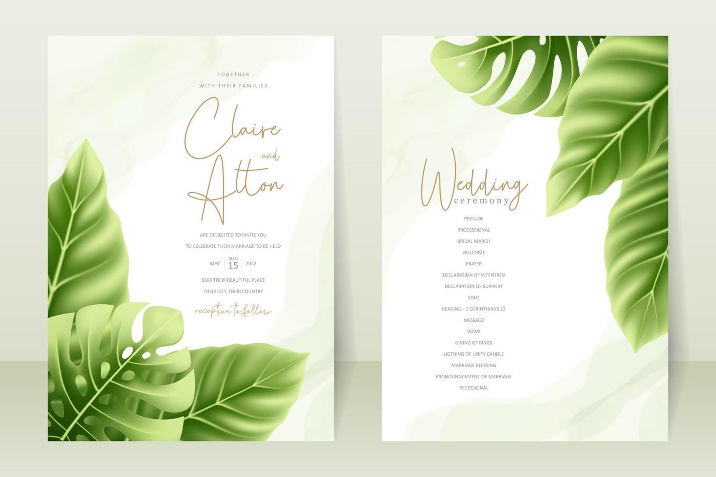 bröllopsinbjudan koncept med realistiska tropiska löv vektor