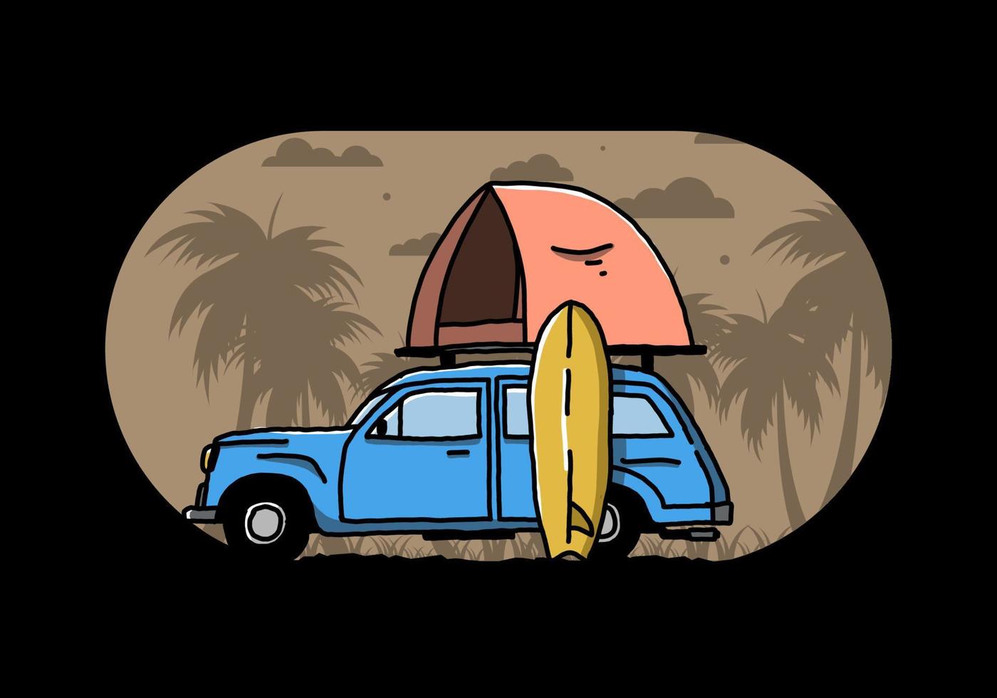 Illustration eines Autos mit einem Dachzelt und einem Surfbrett an der Seite vektor