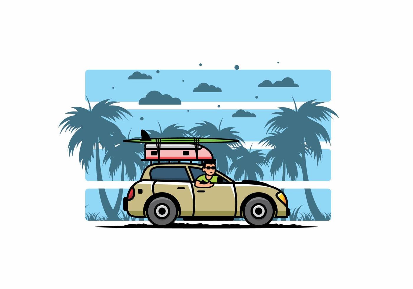 Illustration eines Mannes, der ein Auto für den Urlaub fährt vektor