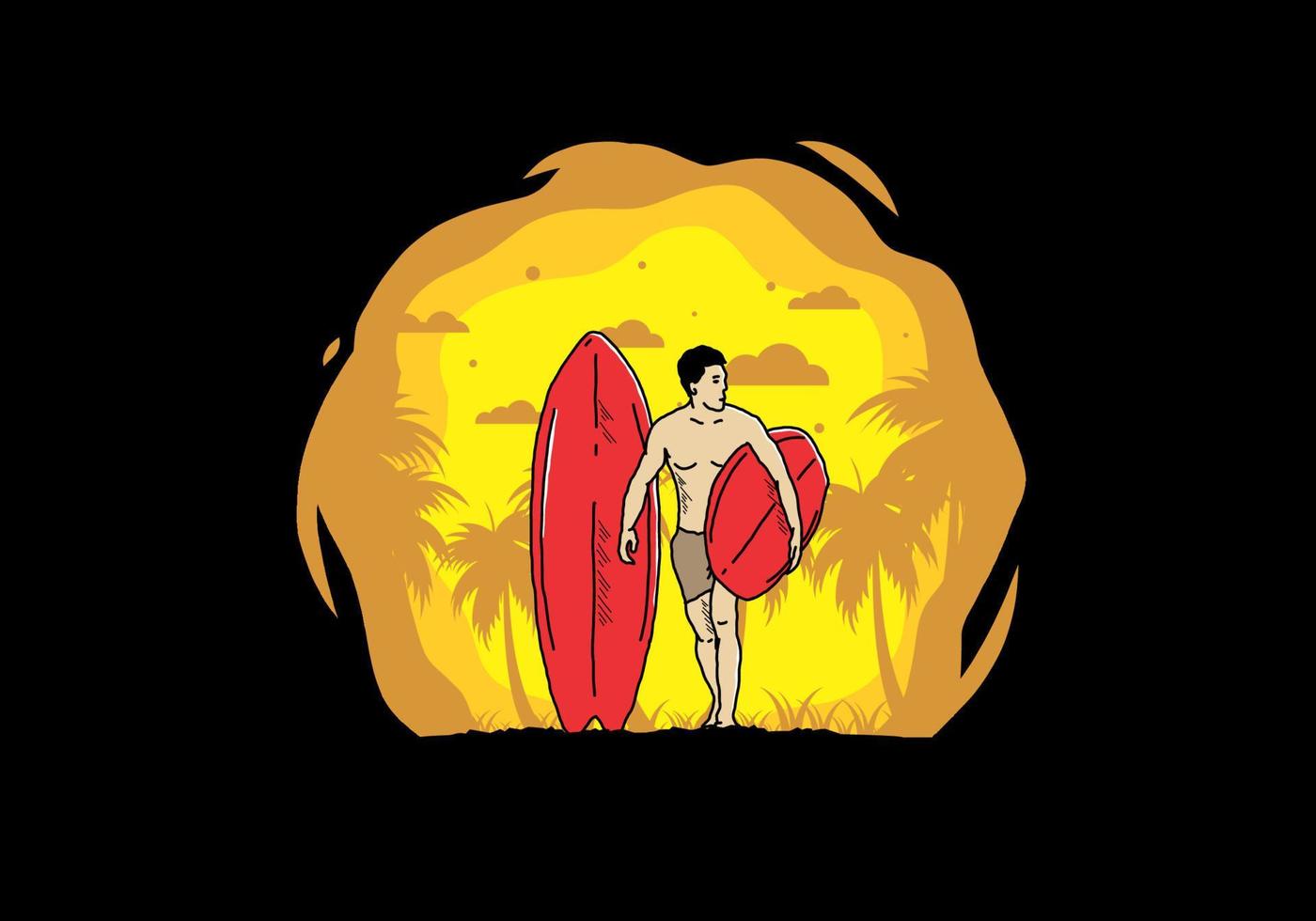 der hemdlose mann, der surfbrettillustration hält vektor