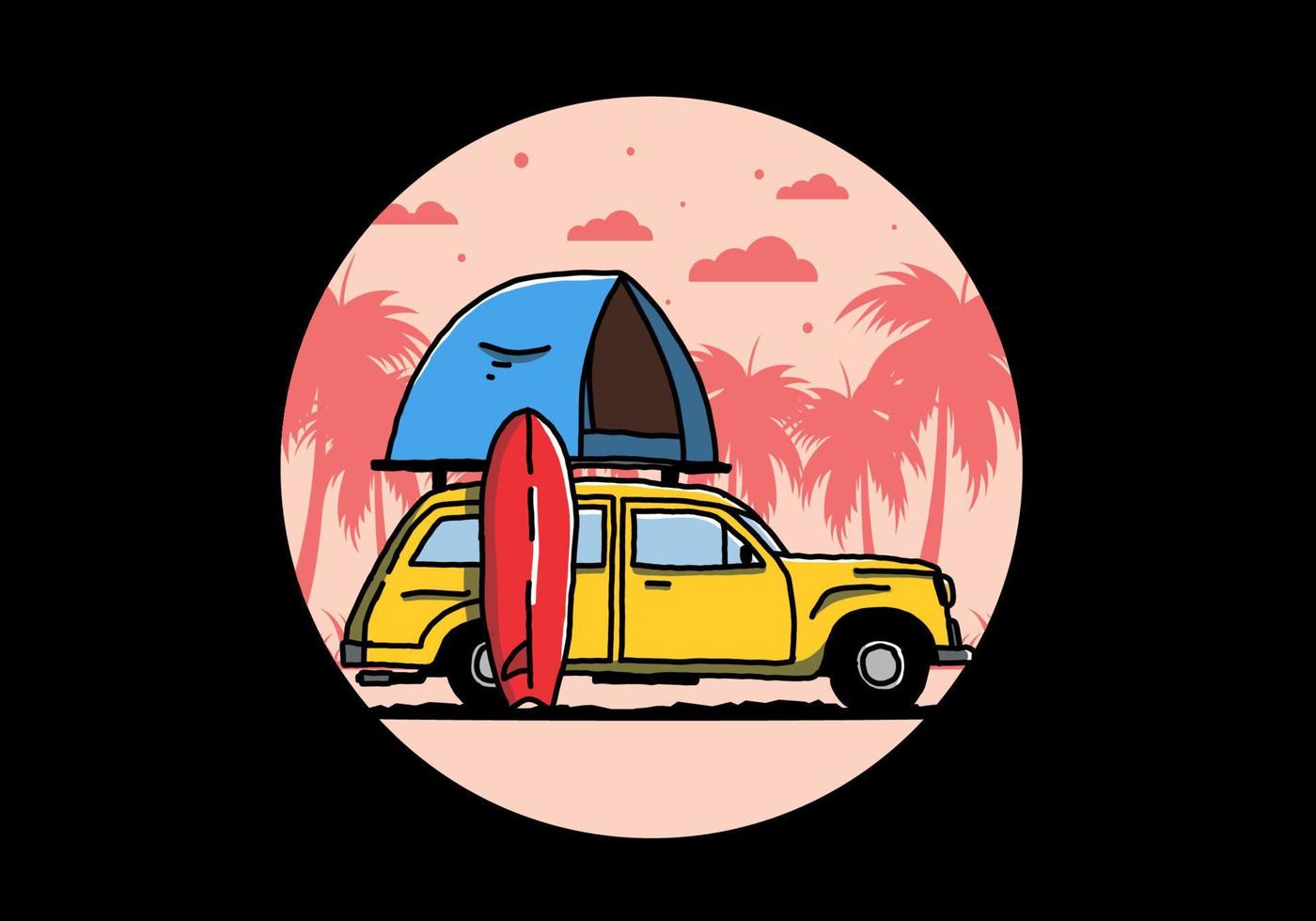 Illustration eines Autos mit einem Dachzelt und einem Surfbrett an der Seite vektor