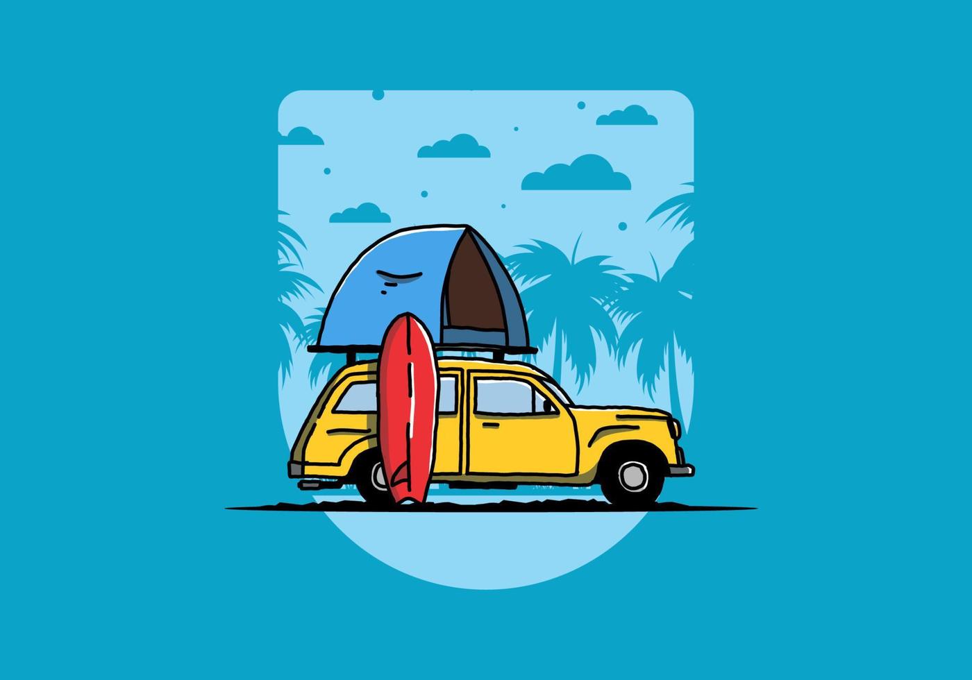 Illustration eines Autos mit einem Dachzelt und einem Surfbrett an der Seite vektor