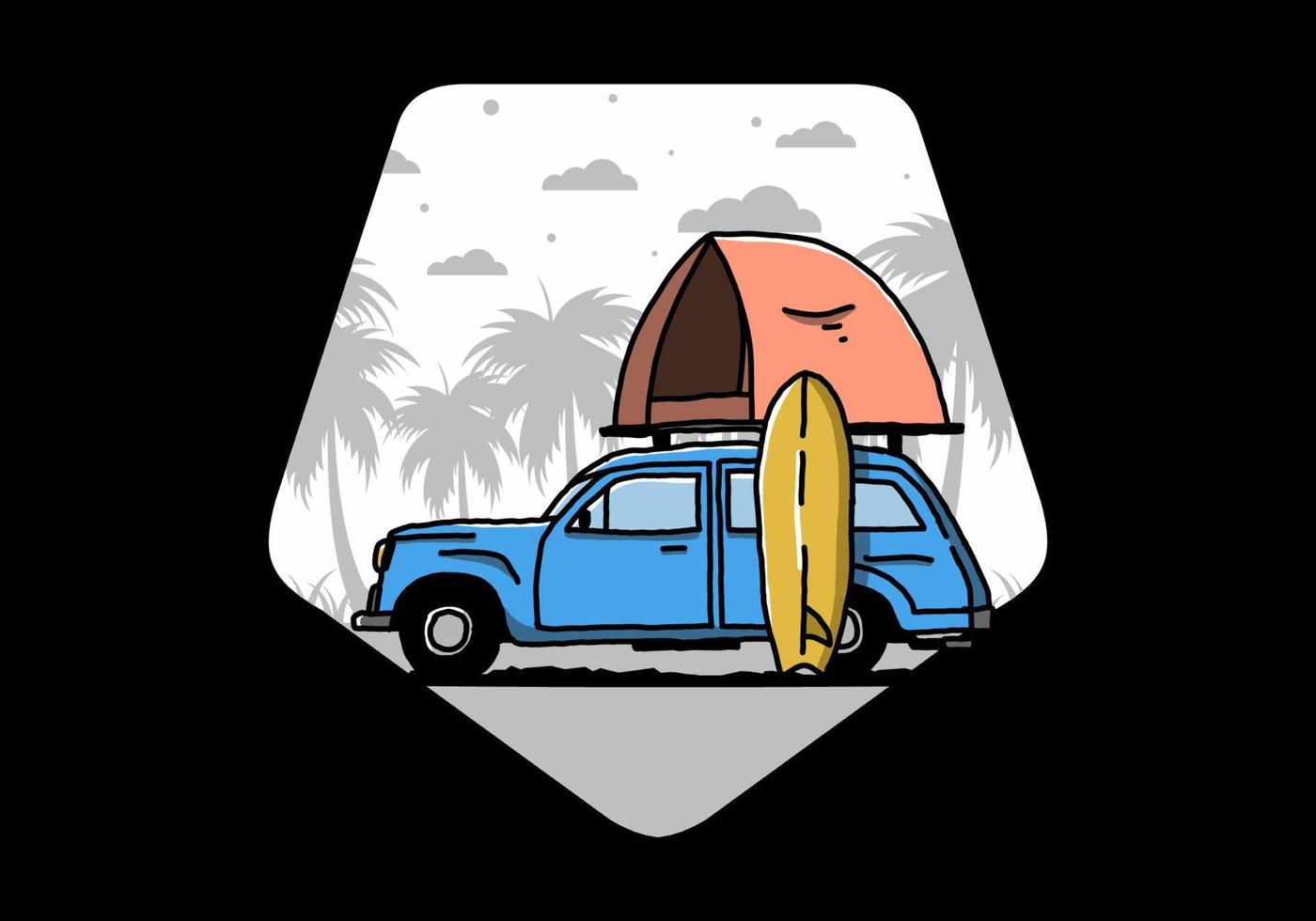 Illustration eines Autos mit einem Dachzelt und einem Surfbrett an der Seite vektor