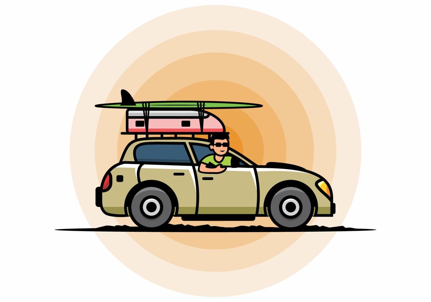 Illustration eines Mannes, der ein Auto für den Urlaub fährt vektor