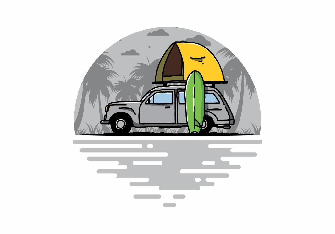 Illustration eines Autos mit einem Dachzelt und einem Surfbrett an der Seite vektor