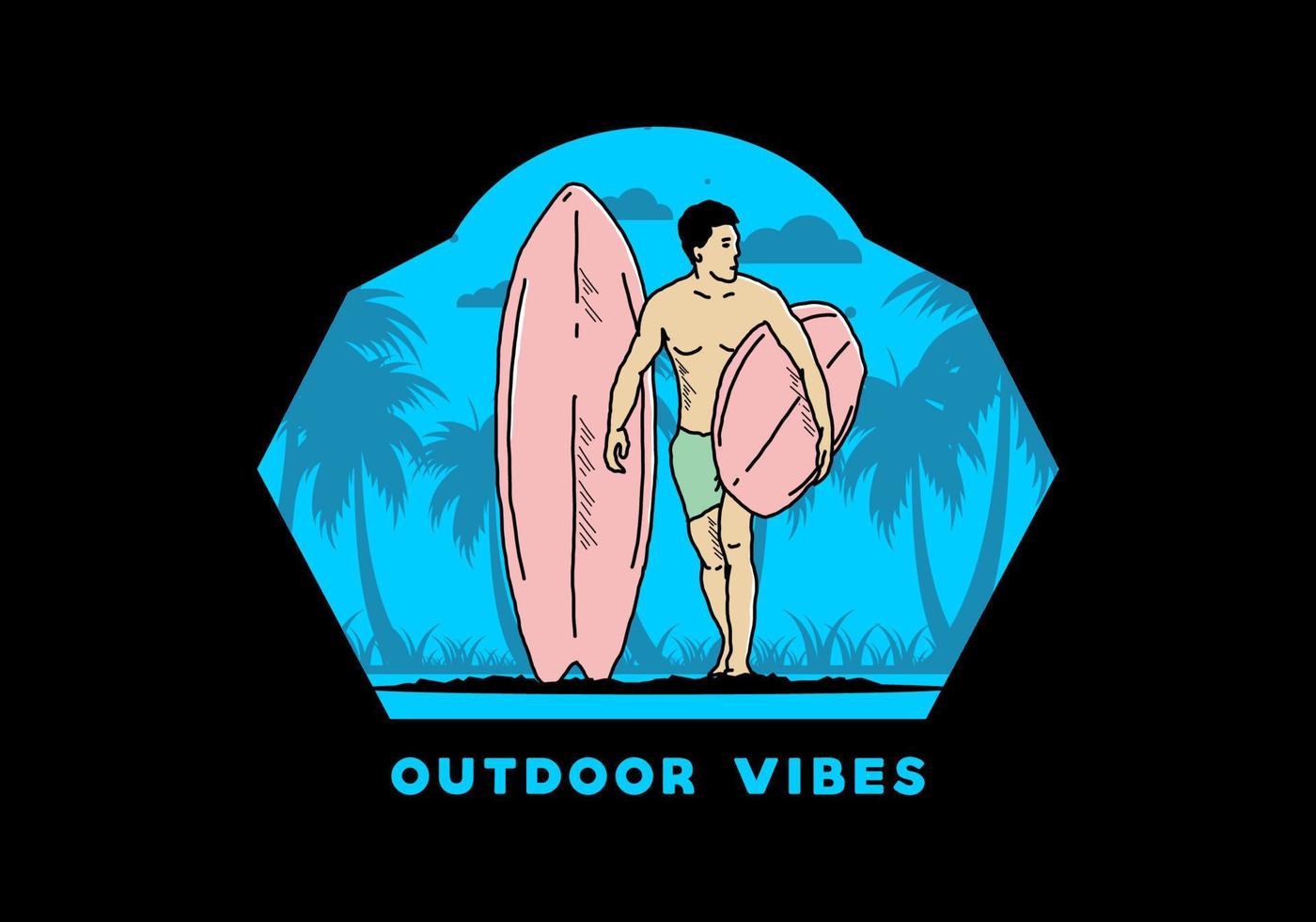 der hemdlose mann, der surfbrettillustration hält vektor