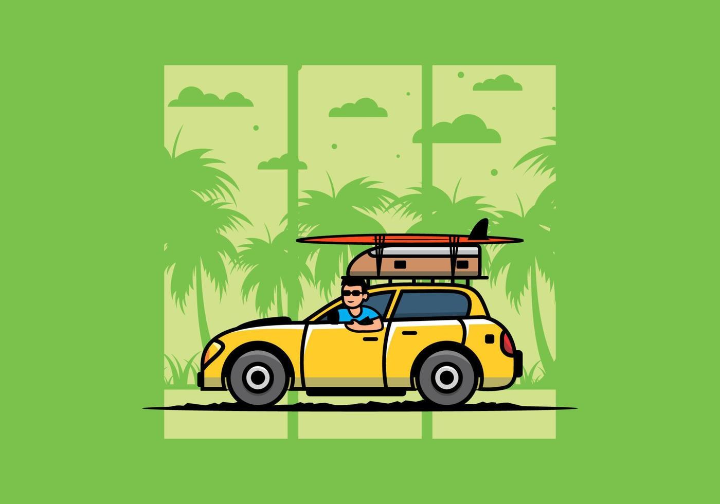 Illustration eines Mannes, der ein Auto für den Urlaub fährt vektor