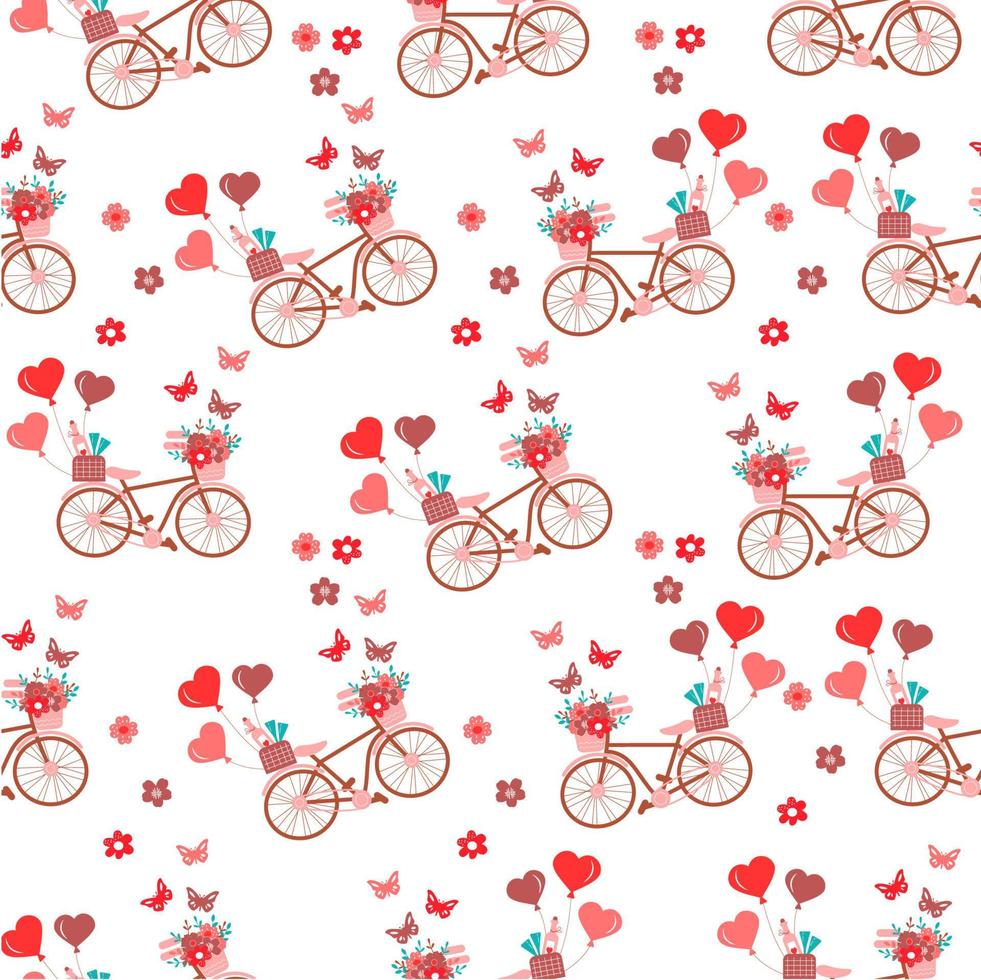 nahtloses muster mit fahrrad, luftballon, herzen. Liebe, Valentinstag, romantischer Hintergrund. Vektor