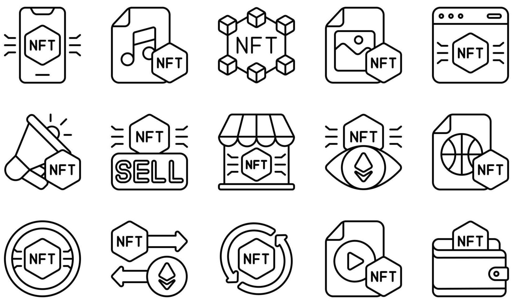 uppsättning vektorikoner relaterade till nft. innehåller sådana ikoner som musik, nft, foto, plattform, sälj, token och mer. vektor