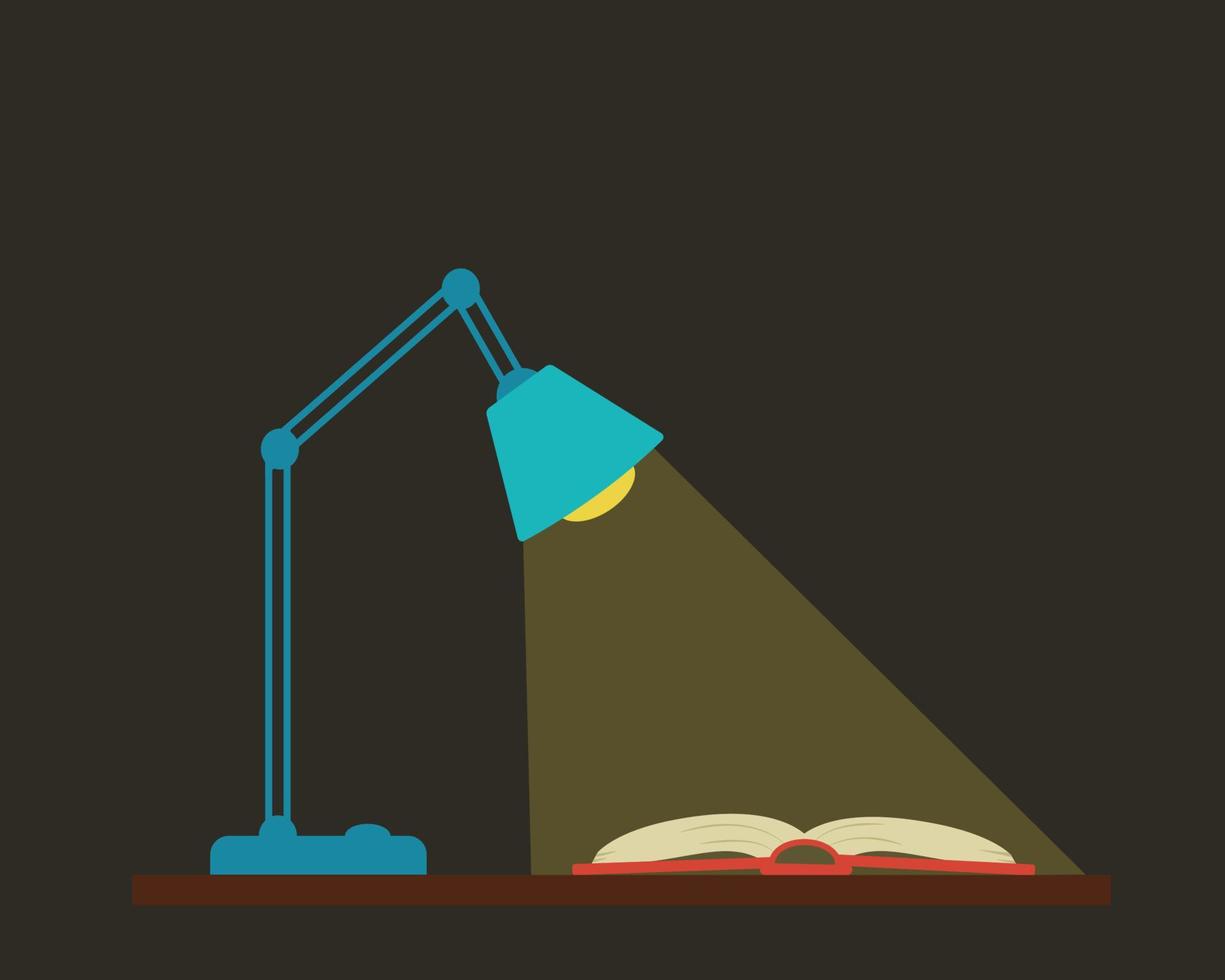bordslampa och en öppen bok, ljuset från lampan faller på bokens sidor, vektorillustration i platt stil på en svart bakgrund vektor