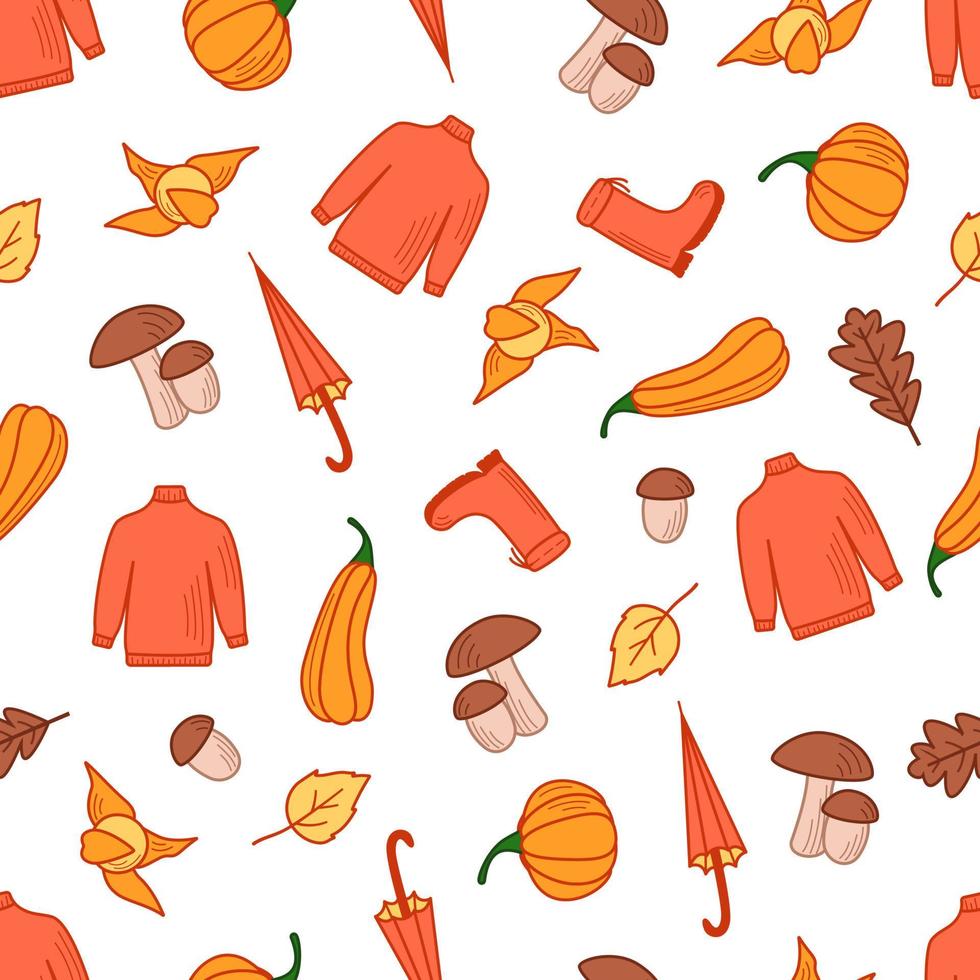 seamless mönster av hösten uppsättning objekt, vektor tapet doodle stil höst humör