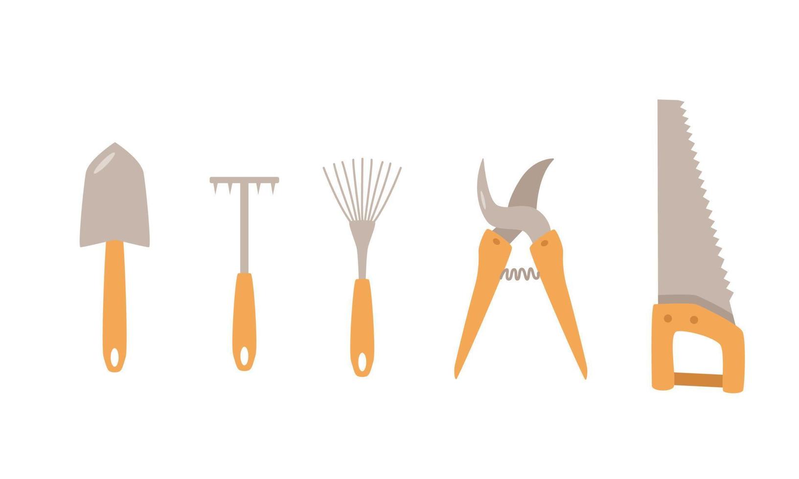 en uppsättning verktyg för trädgården. vektorillustration av en spade, hacka, kratta, handsåg och beskärare. vektor