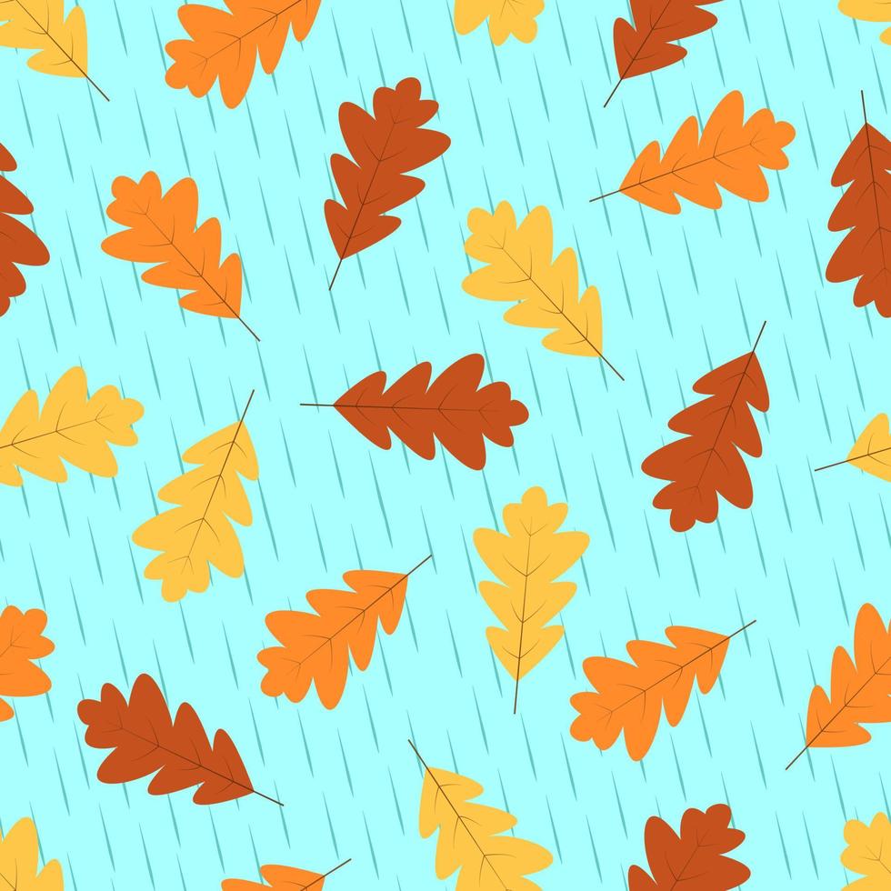 höstens sömlösa mönster, gula och röda eklöv faller på hösten, mot bakgrund av regn vektor