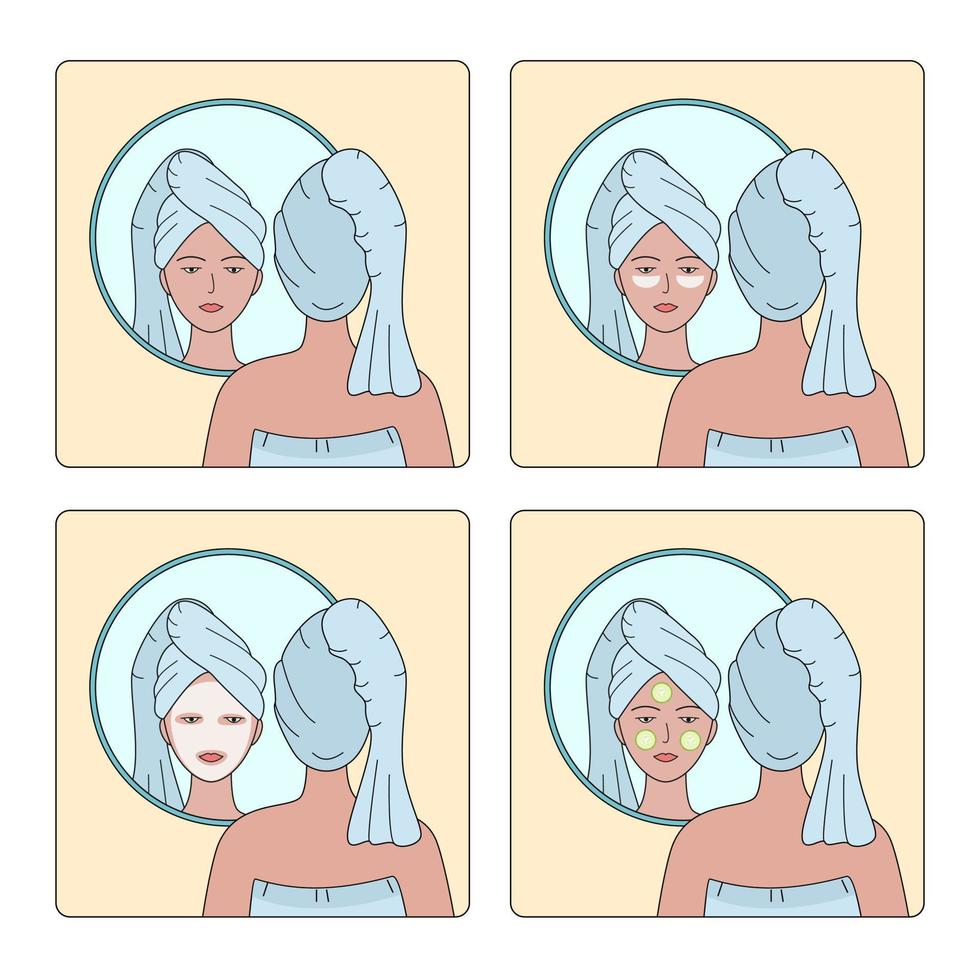 kvinna med en handduk på huvudet reflekteras i spegeln. kosmetiska plåster, en mask och gurkor i ansiktet, alternativ för egenvård hemma vektor