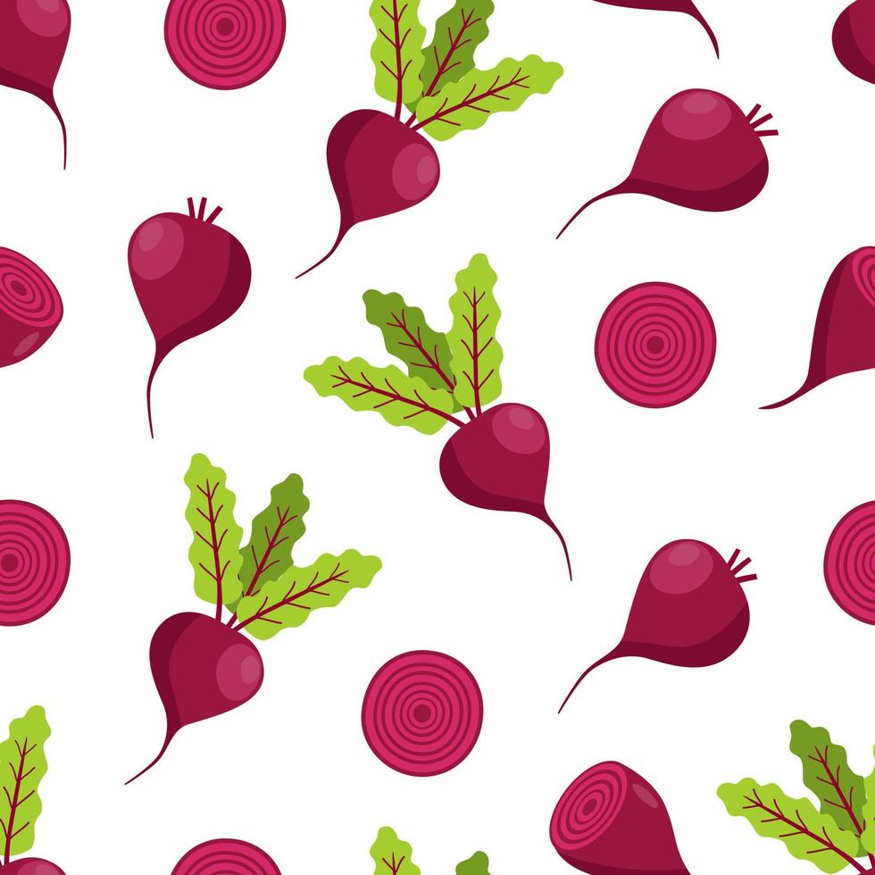sömlösa rödbetor med löv och rödbetor i snittet. tecknad vektor illustration grönsaker