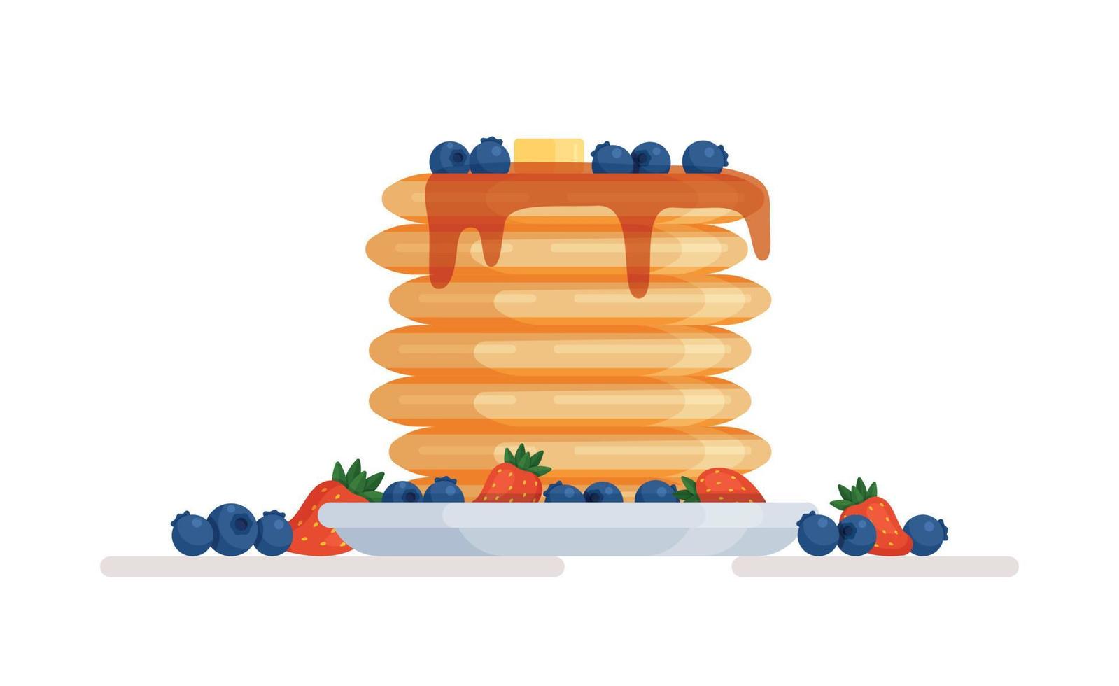 vektor illustration av pannkakor med bär. pannkakor med blåbär och jordgubbar på en vit platta.