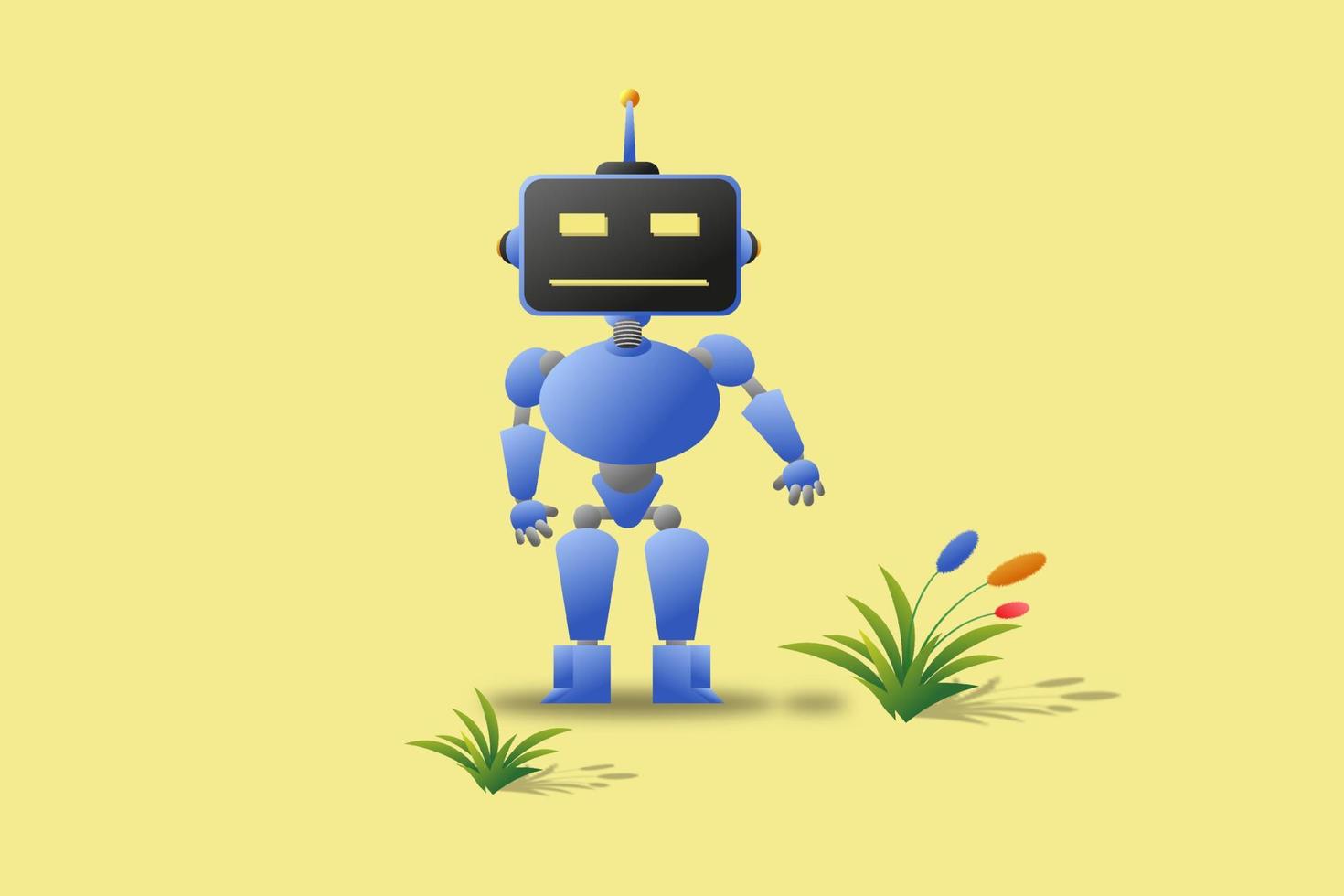 3D-Darstellung eines blauen Roboters mit quadratischem Kopf, der zwischen Blumen auf gelbem Hintergrund steht vektor