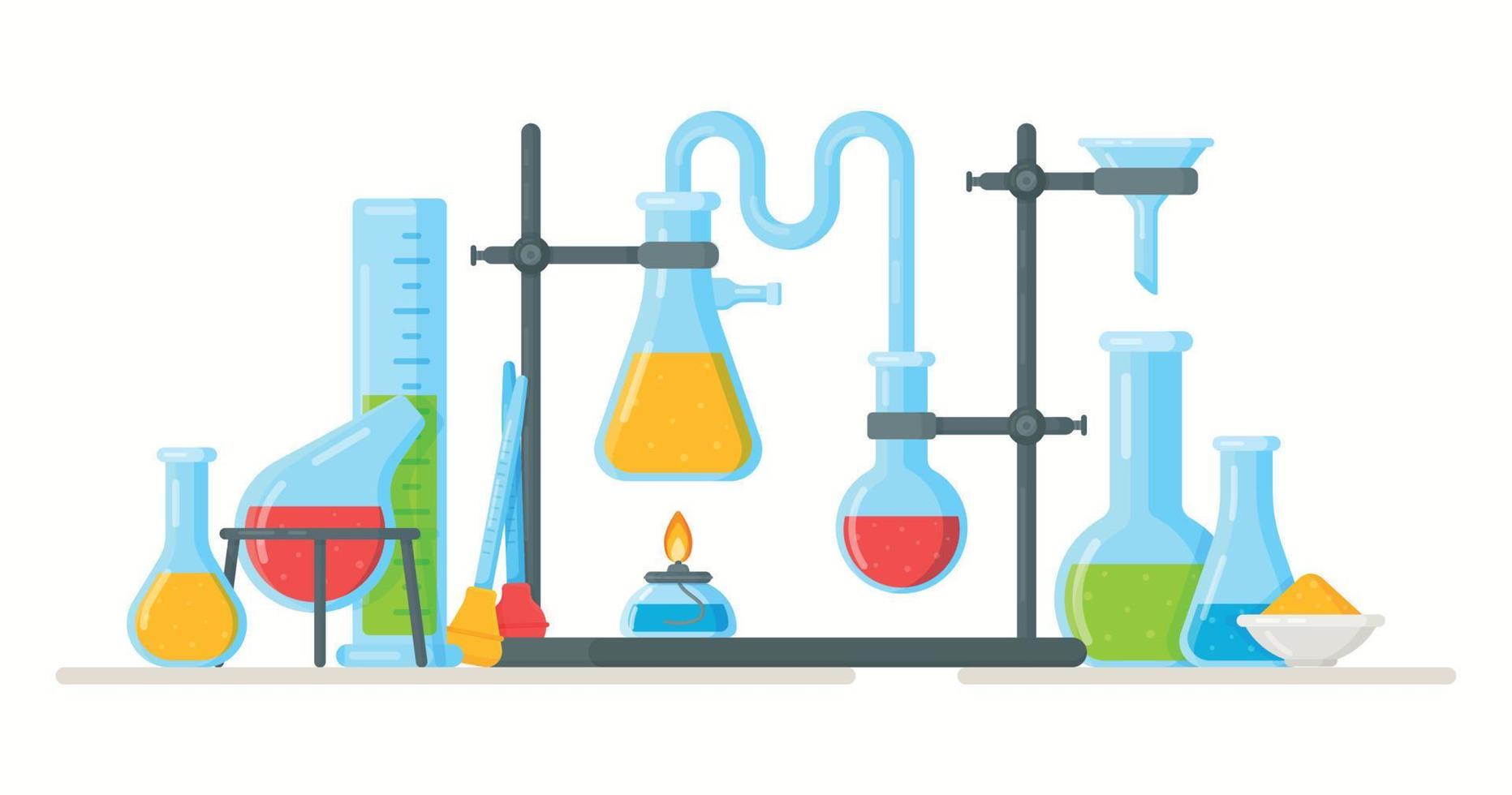 kemilektion. vektor illustration av att genomföra ett experiment. vätska i provrör och kolvar.