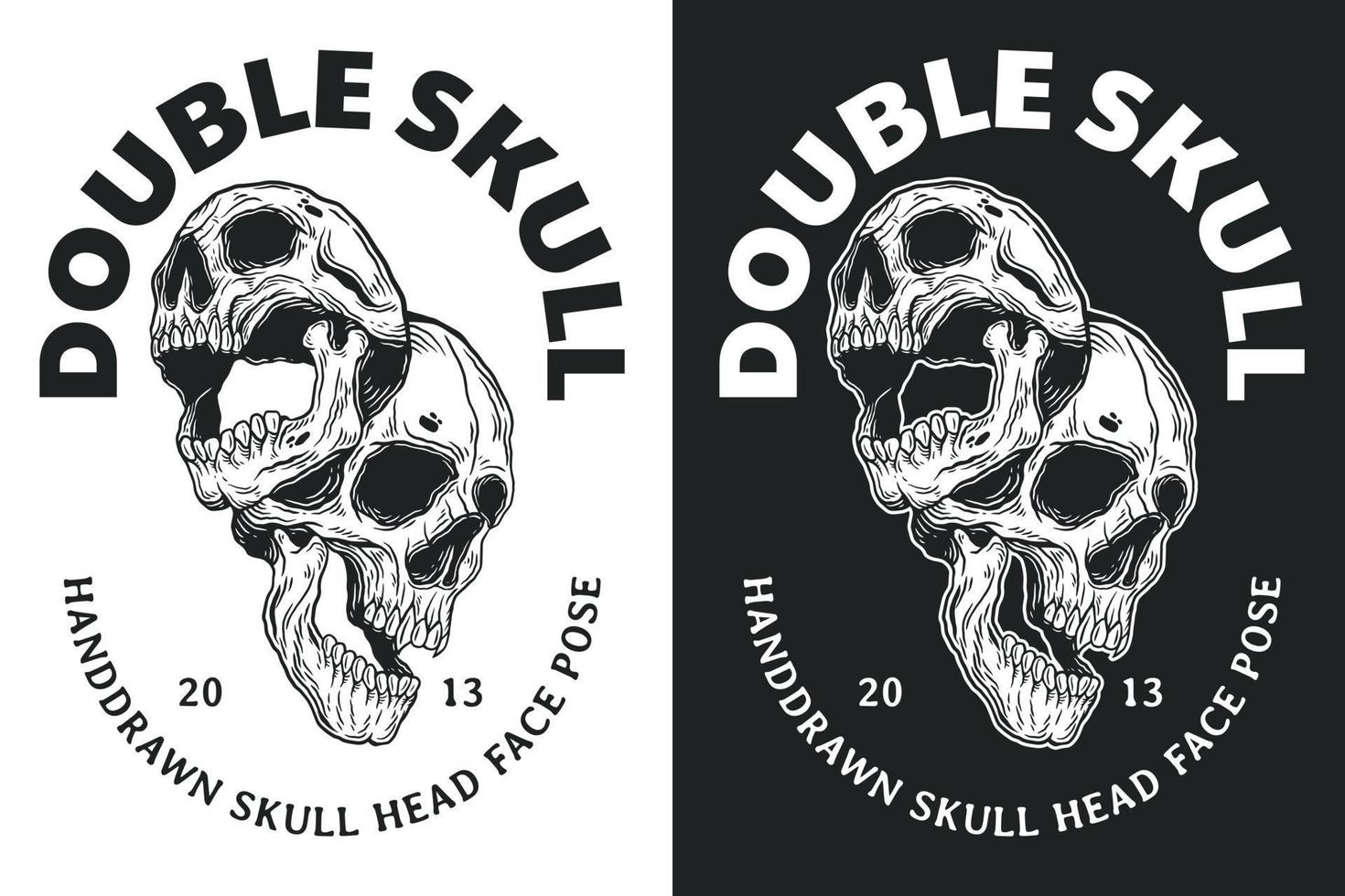 set dödskalle dubbel ansikte mörk illustration odjur skalle ben huvud handritad kläckning kontur symbol tatuering varor t-shirt merch vintage vektor