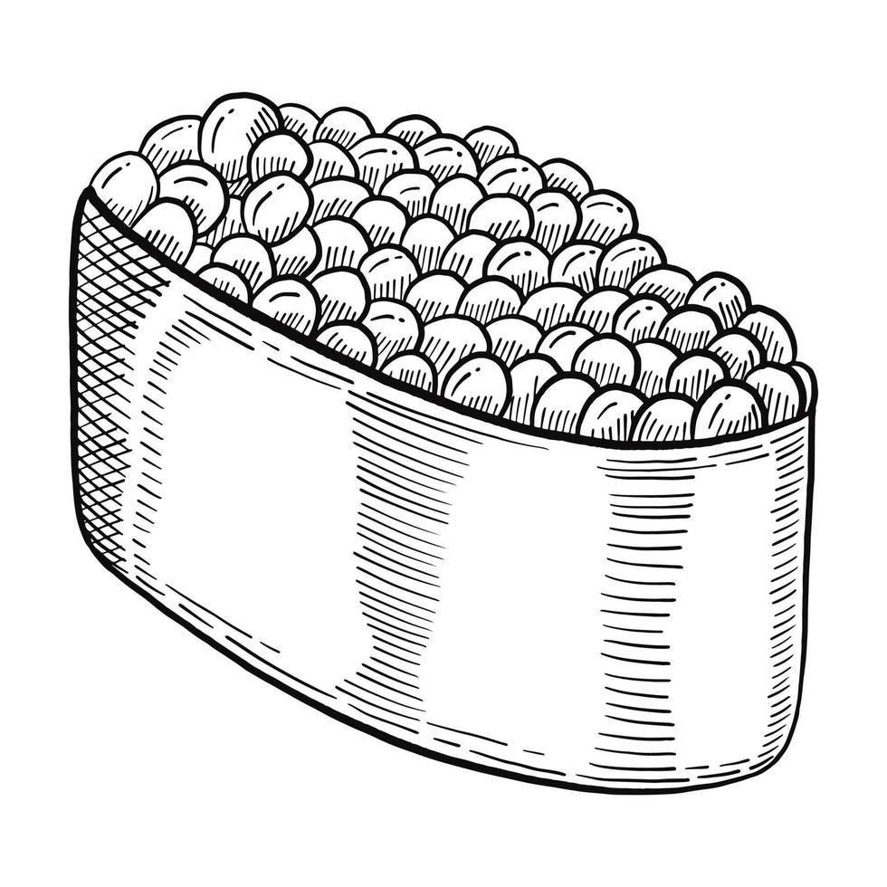ikura lax ägg löjrom japan eller japansk traditionell mat doodle handritad skiss med konturstil vektor