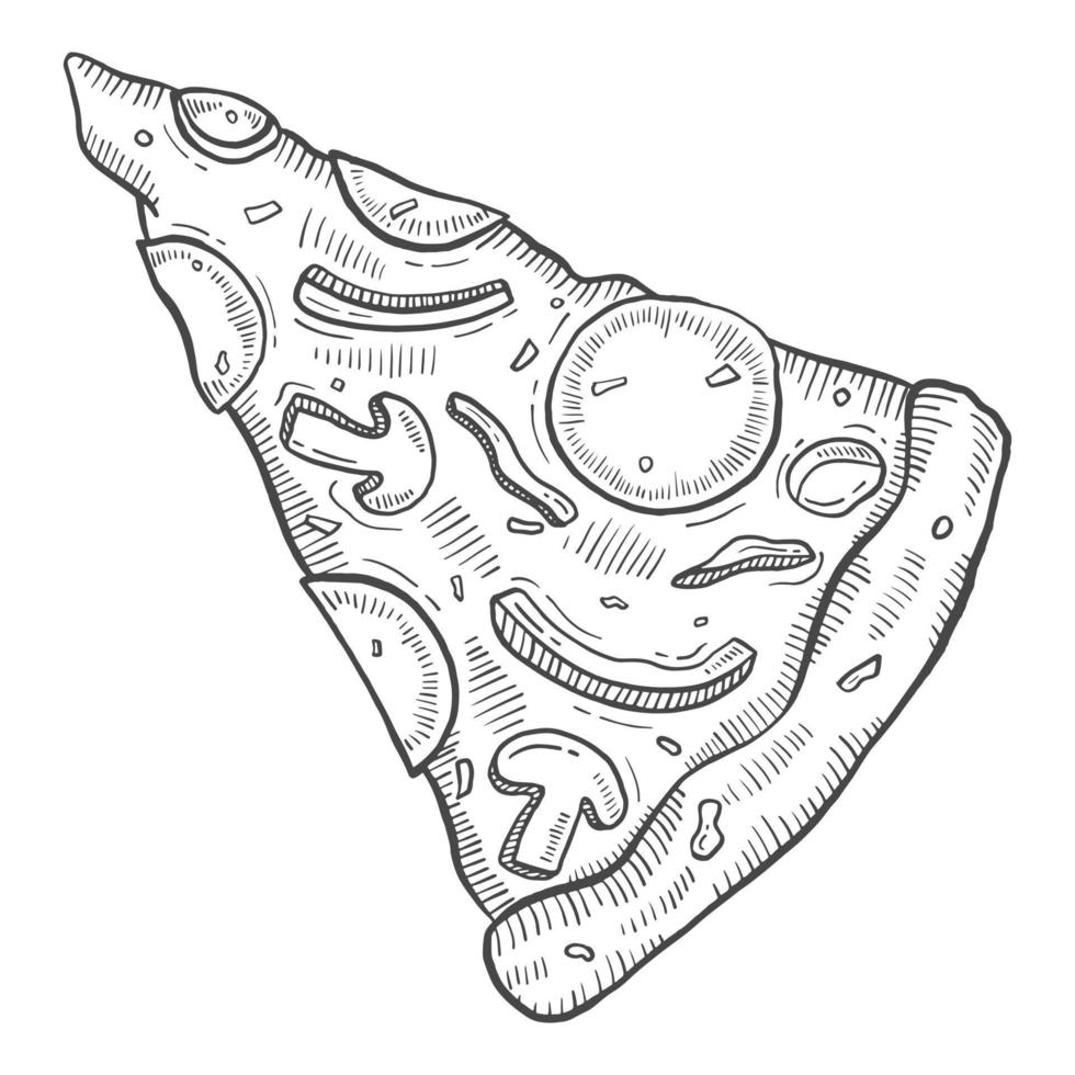 skiva pizza snabbmat enda isolerade handritad skiss med konturstil vektor