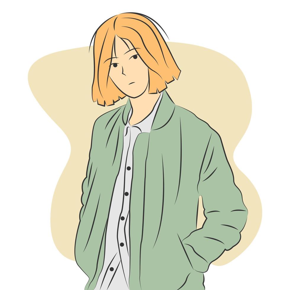 vacker flicka karaktär med blont hår bär jacka i platt tecknad stil vektor