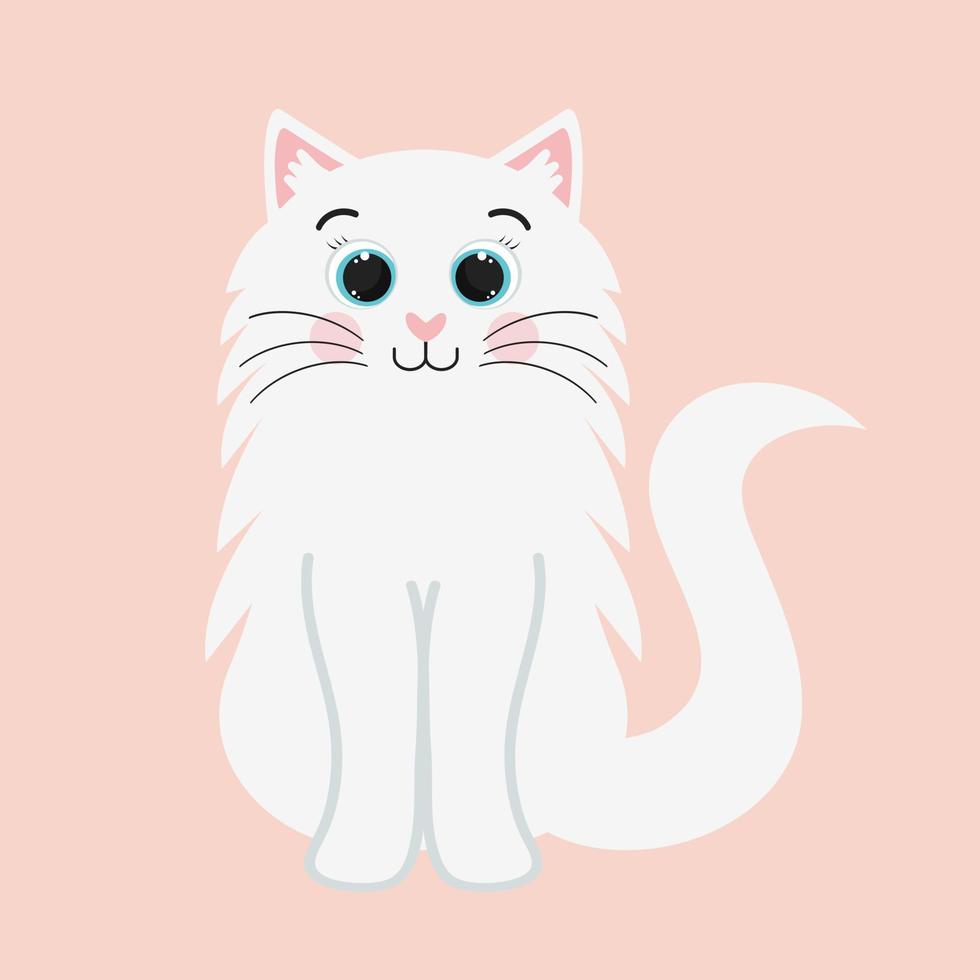 vit fluffig katt med stora ögon. söt seriefigur. vektor