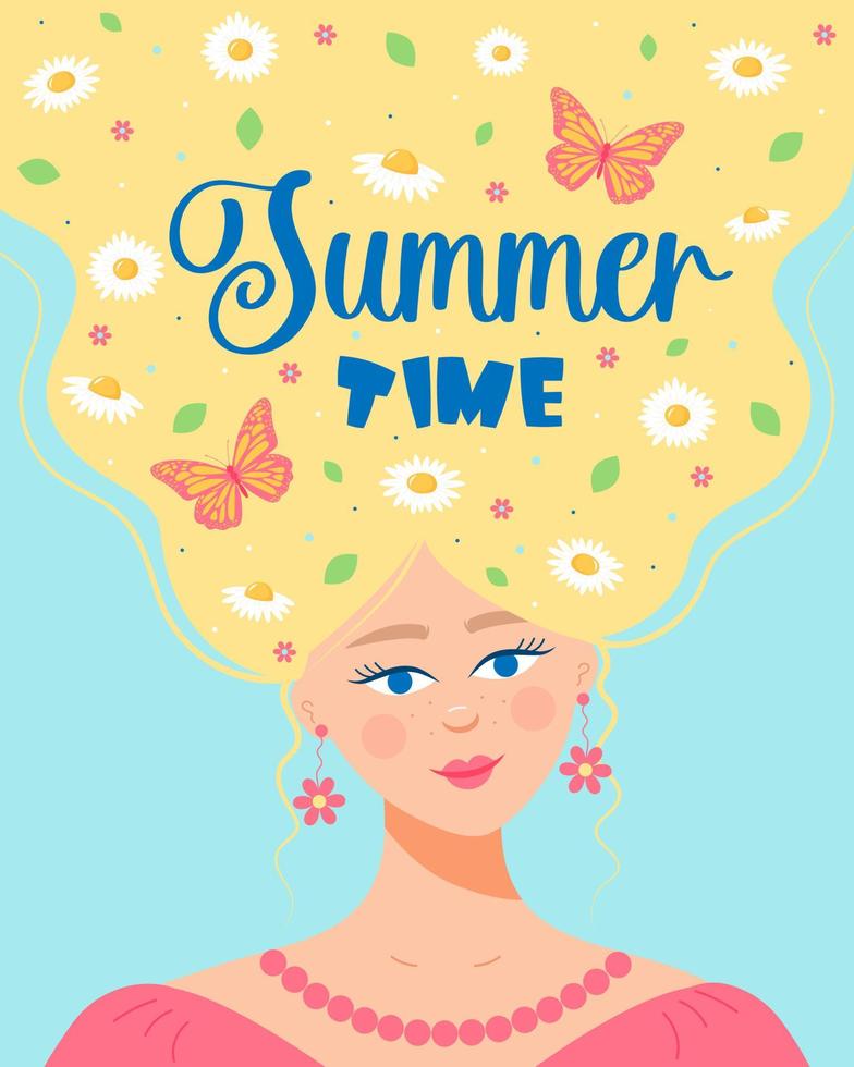 schönes blondes Mädchen mit Kamille, Schmetterlingen, Blättern im Haar. Zitat Sommerzeit. vektor