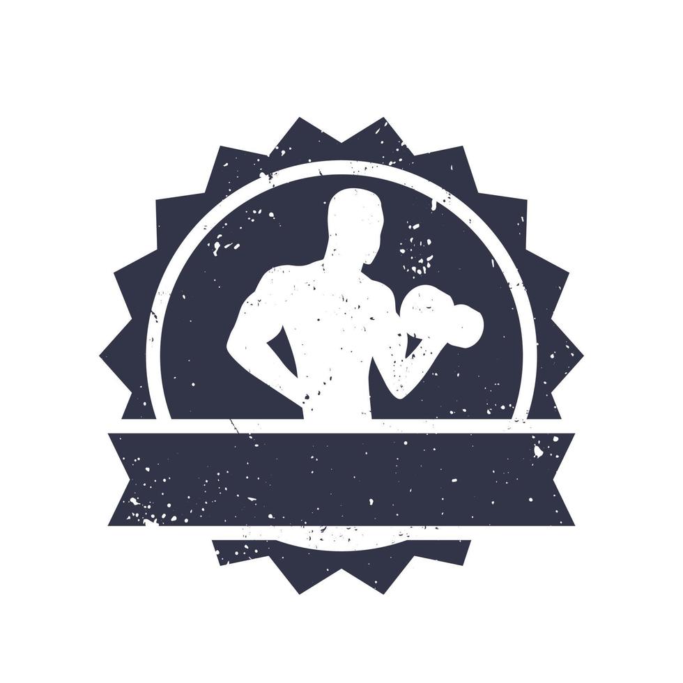 Fitness-Abzeichen mit posierendem Athleten mit Langhantel über Weiß, Vektorillustration vektor